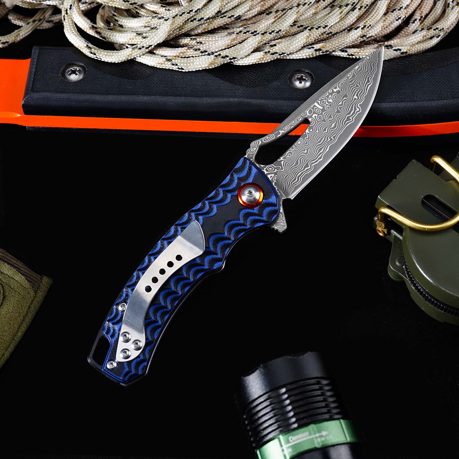 Tunafire Knife  GT-DM027 Two-color G10 Handle 2.8"Damascus steel Blade Ball Bearing Flipper Knife EDC Tools