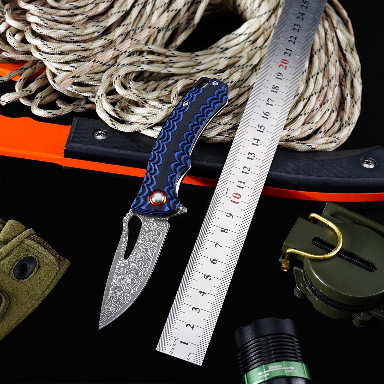 Tunafire Knife  GT-DM027 Two-color G10 Handle 2.8"Damascus steel Blade Ball Bearing Flipper Knife EDC Tools