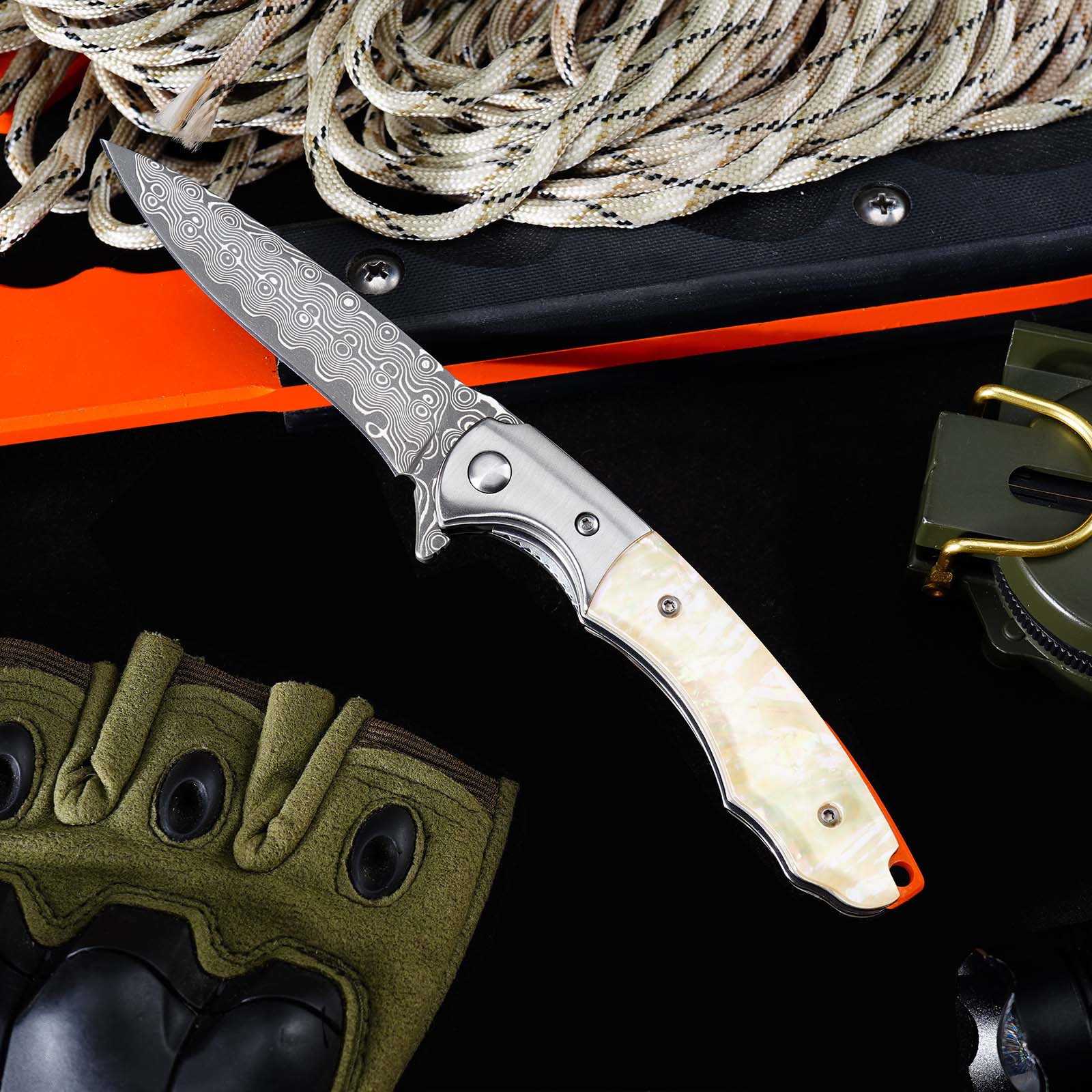 Tunafire GT-DM014 Everyday Carry Folding Knife | 76 Layers Damascus Blade, White Shellfish Inlay Handle