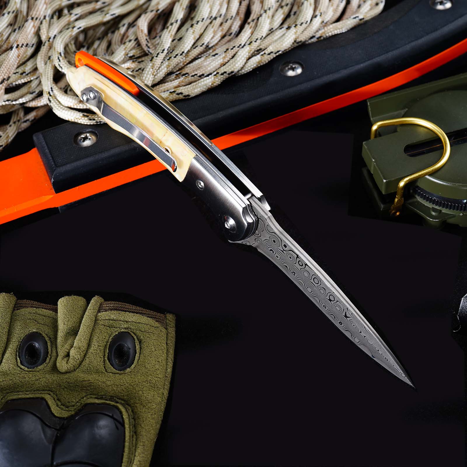 Tunafire GT-DM014 Everyday Carry Folding Knife | 76 Layers Damascus Blade, White Shellfish Inlay Handle