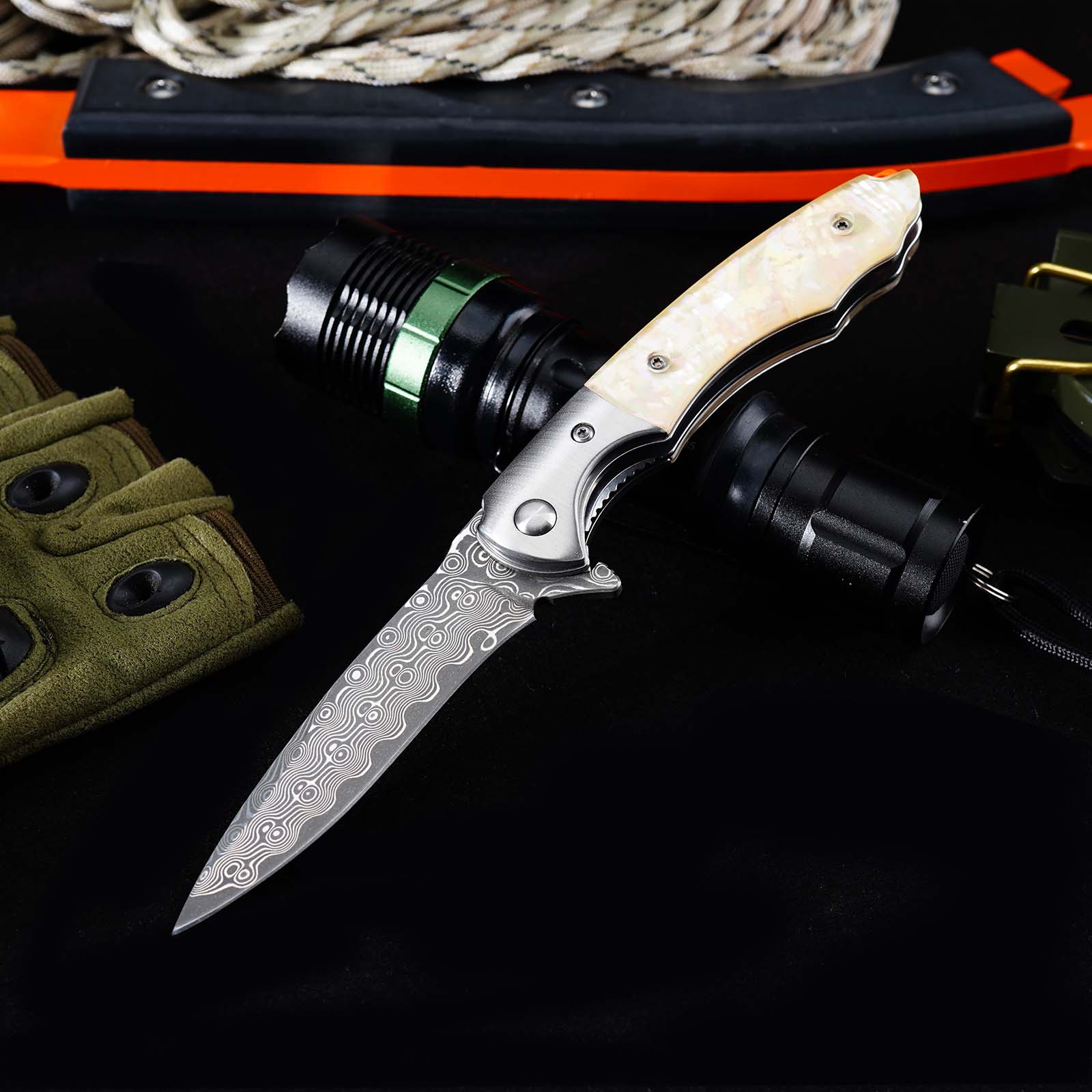 Tunafire GT-DM014 Everyday Carry Folding Knife | 76 Layers Damascus Blade, White Shellfish Inlay Handle