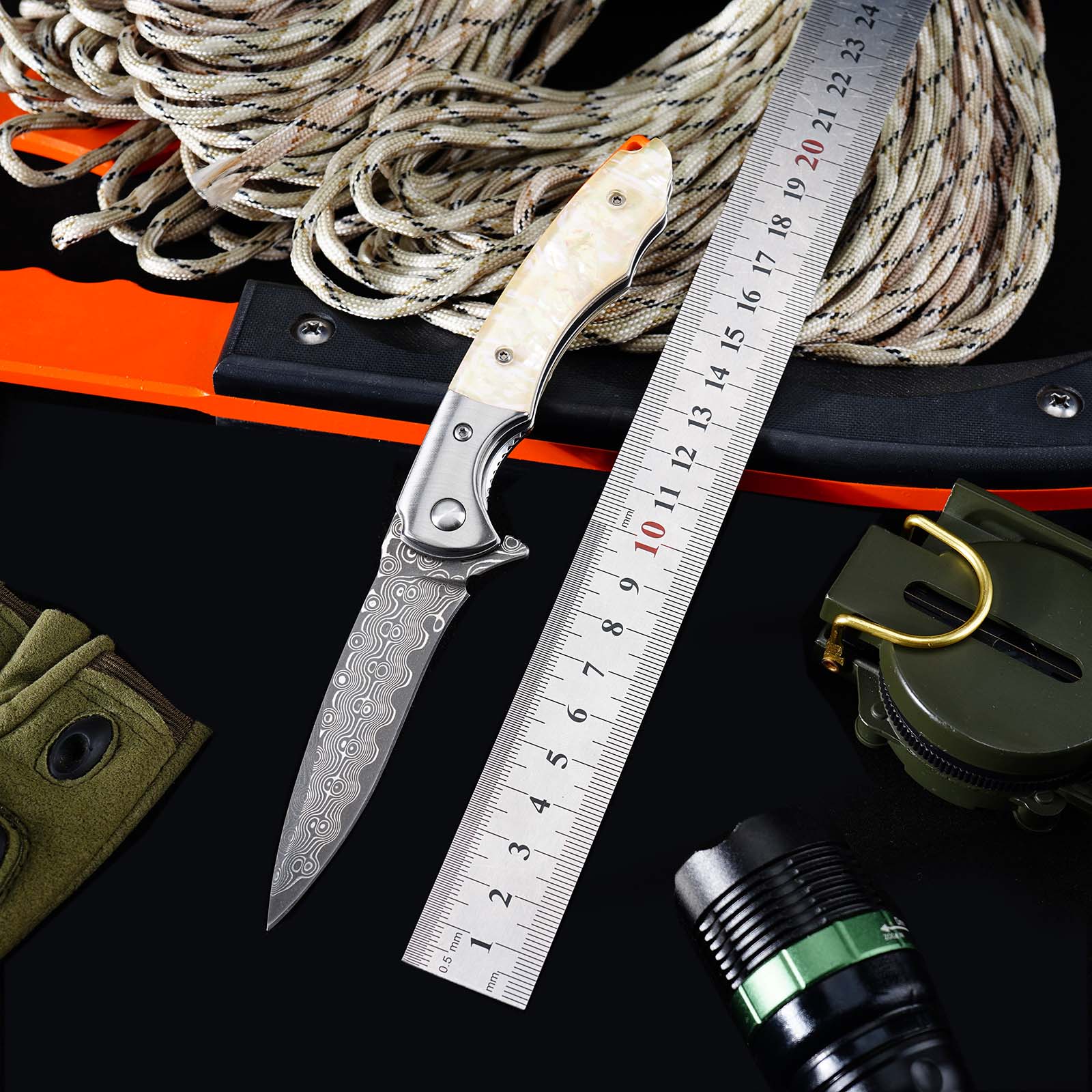 Tunafire GT-DM014 Everyday Carry Folding Knife | 76 Layers Damascus Blade, White Shellfish Inlay Handle
