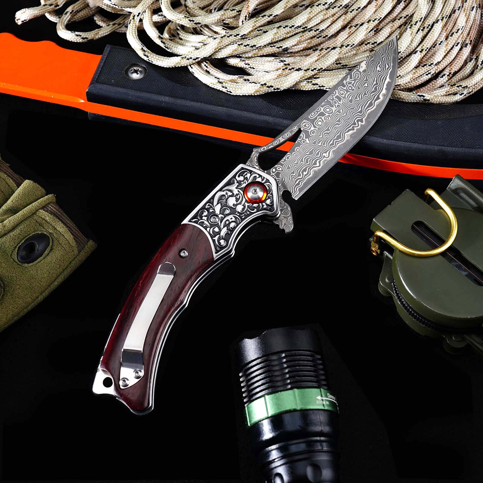 Tunafire  GT-DM029 3.54&rdquo;Collectible Damascus Knife, Rosewood Handle Ball Bearing Folding Pocket Knife