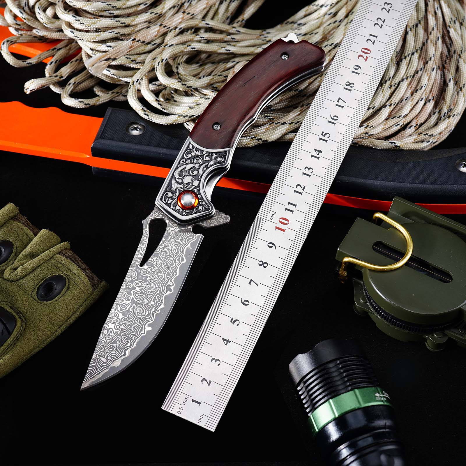 Tunafire  GT-DM029 3.54&rdquo;Collectible Damascus Knife, Rosewood Handle Ball Bearing Folding Pocket Knife