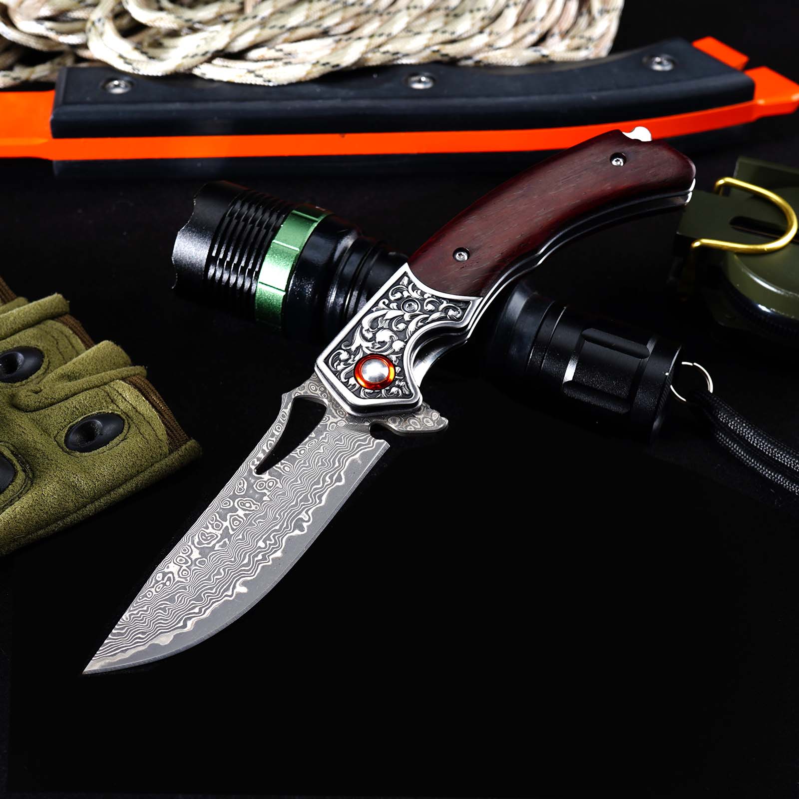 Tunafire  GT-DM029 3.54&rdquo;Collectible Damascus Knife, Rosewood Handle Ball Bearing Folding Pocket Knife