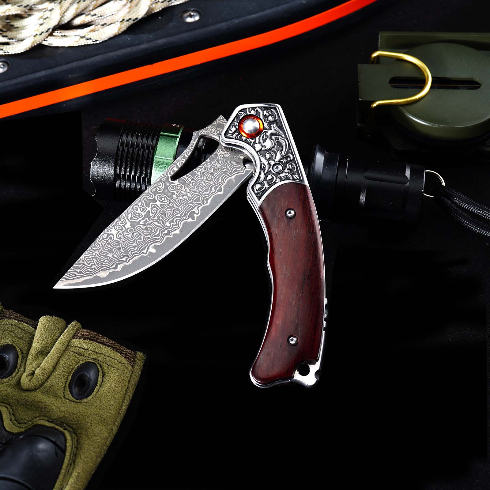 Tunafire  GT-DM029 3.54&rdquo;Collectible Damascus Knife, Rosewood Handle Ball Bearing Folding Pocket Knife