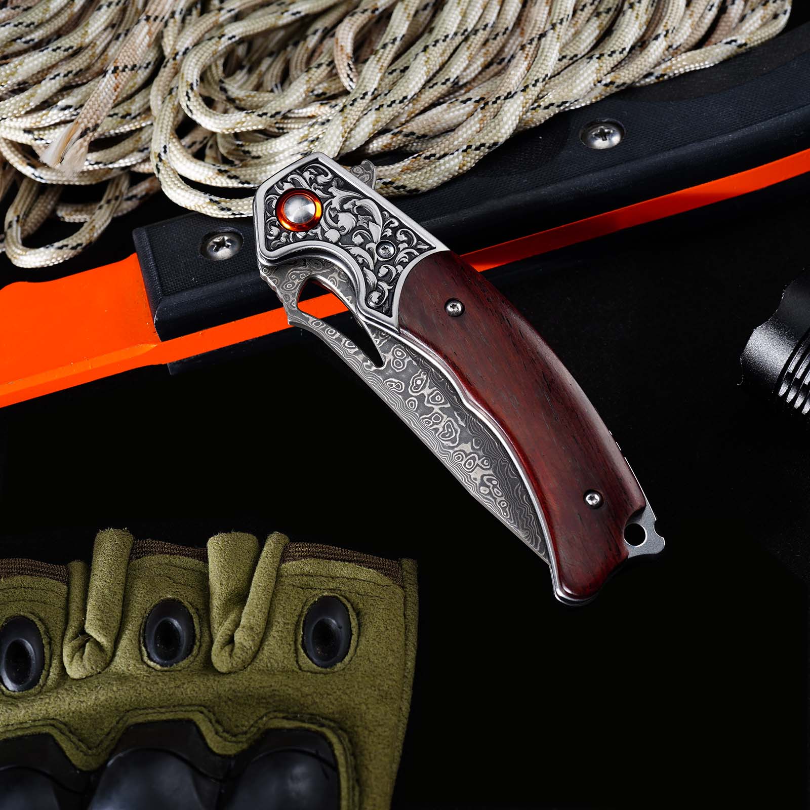Tunafire  GT-DM029 3.54&rdquo;Collectible Damascus Knife, Rosewood Handle Ball Bearing Folding Pocket Knife