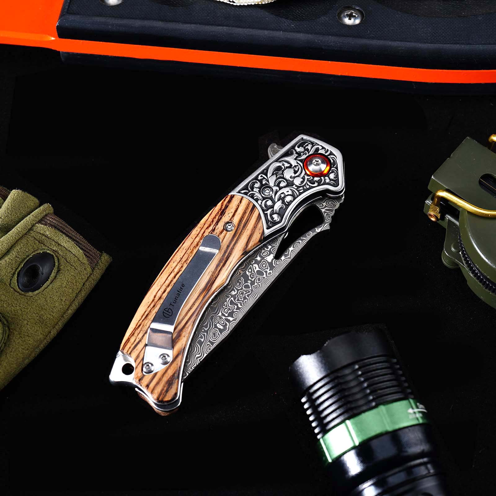 Tunafire  GT-DM029 Damascus Steel Folding Knife, Zebra Wood Handle Ball Bearing EDC Pocket Knife