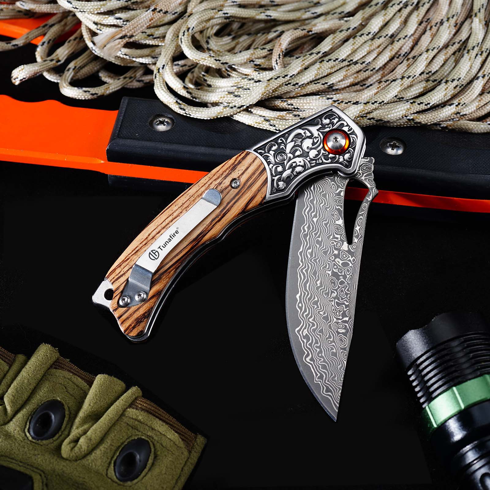 Tunafire  GT-DM029 Damascus Steel Folding Knife, Zebra Wood Handle Ball Bearing EDC Pocket Knife