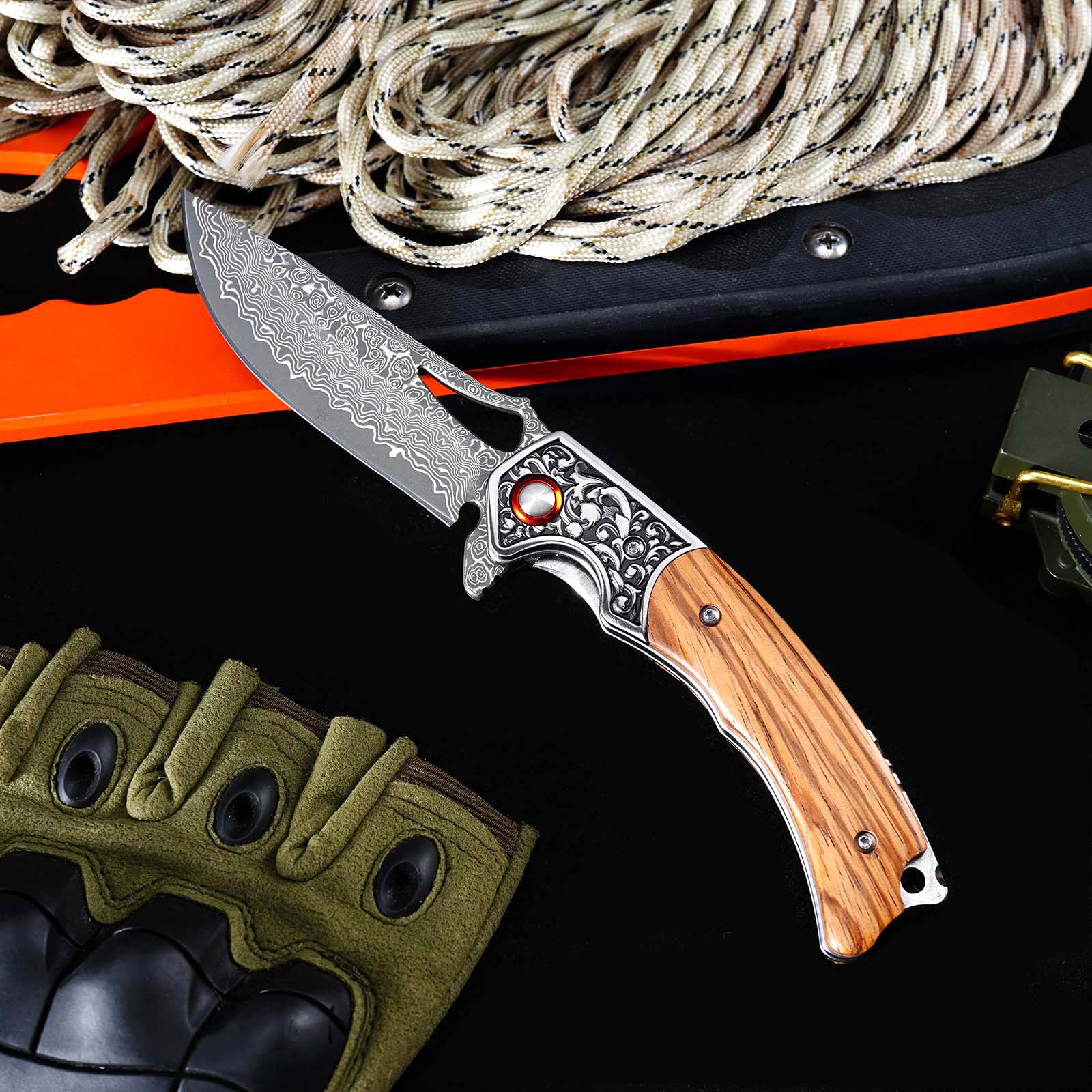 Tunafire  GT-DM029 Damascus Steel Folding Knife, Zebra Wood Handle Ball Bearing EDC Pocket Knife