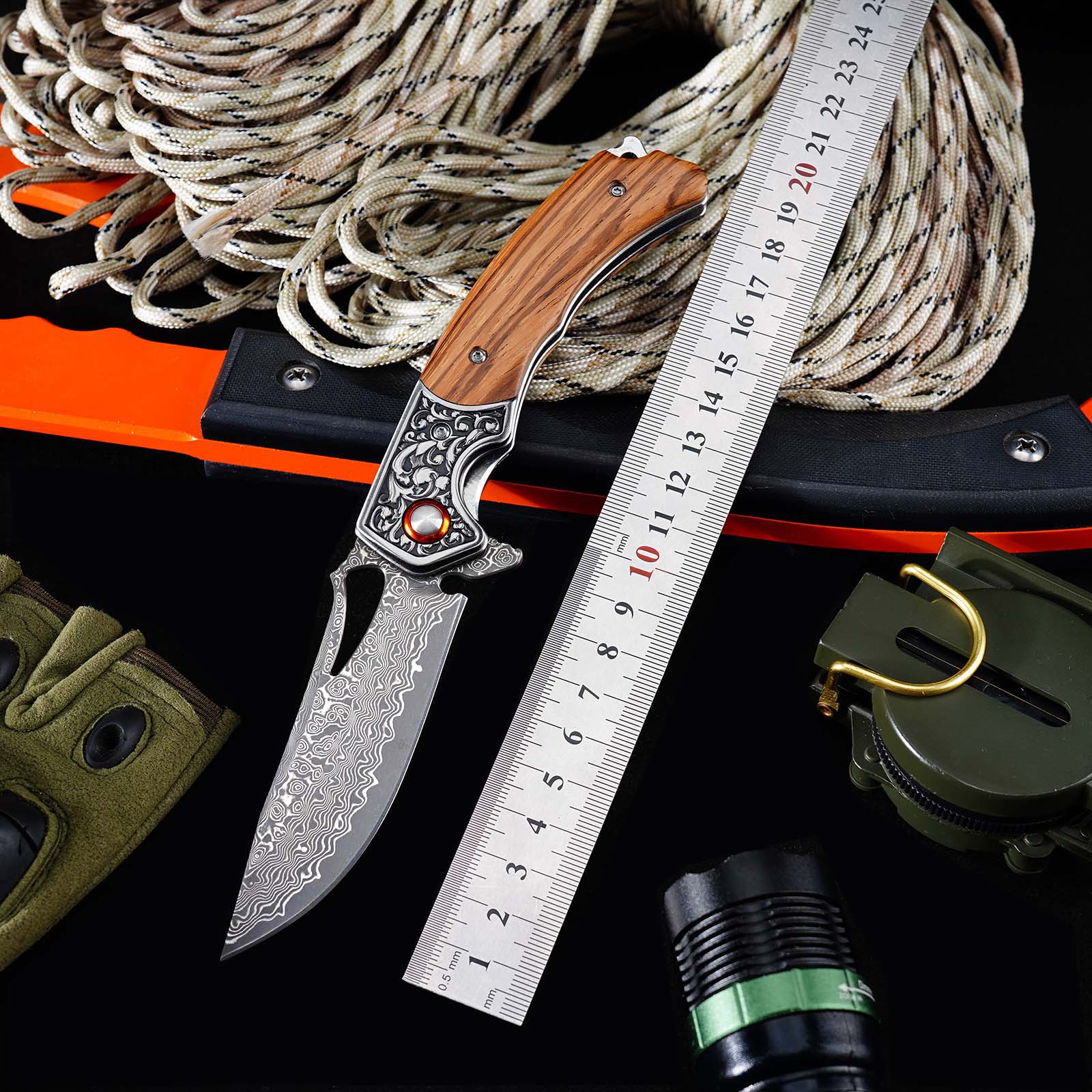 Tunafire  GT-DM029 Damascus Steel Folding Knife, Zebra Wood Handle Ball Bearing EDC Pocket Knife