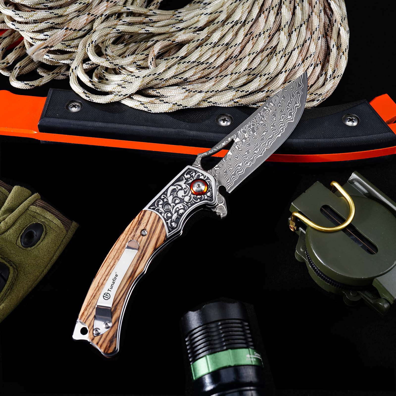 Tunafire  GT-DM029 Damascus Steel Folding Knife, Zebra Wood Handle Ball Bearing EDC Pocket Knife