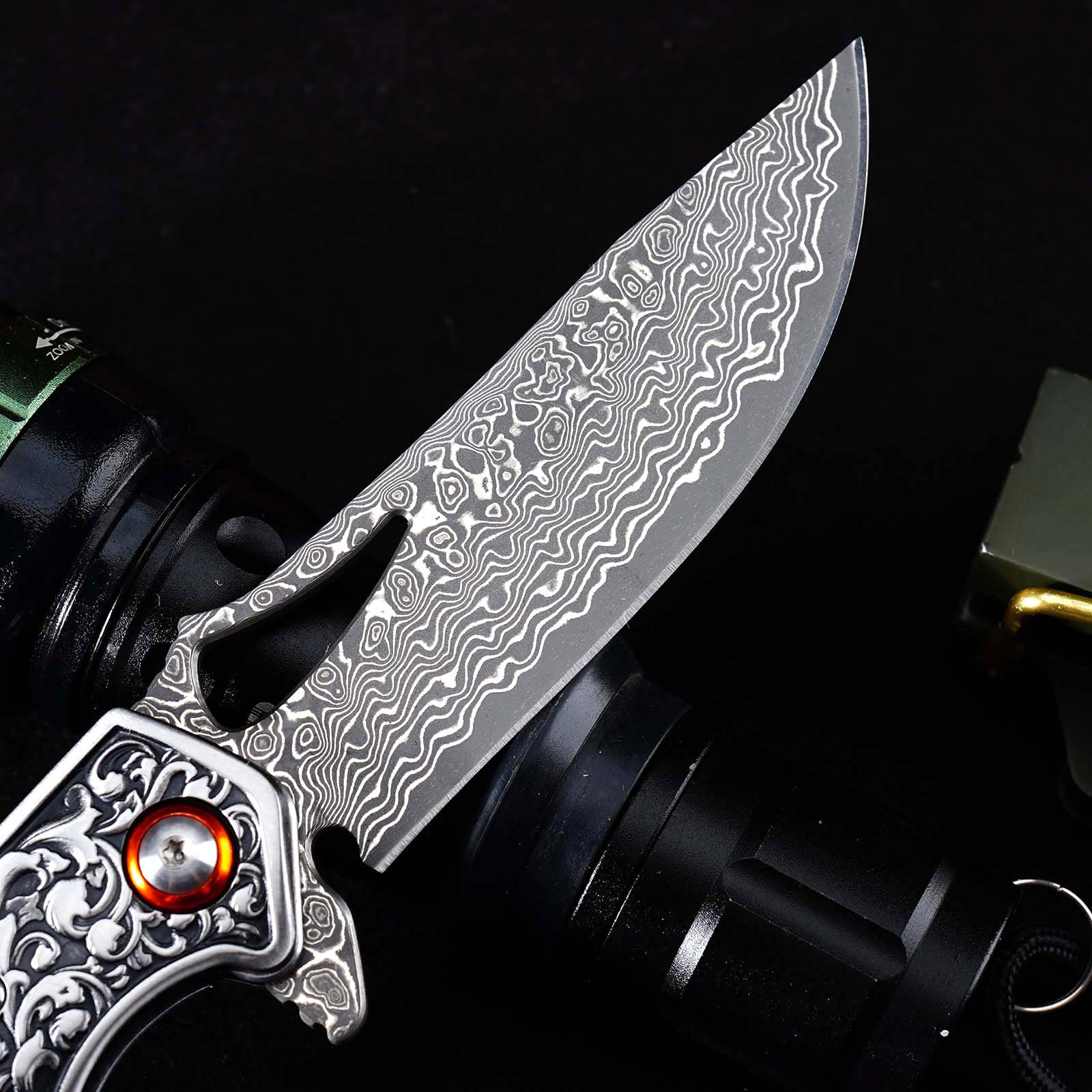 Tunafire  GT-DM029 Damascus Steel Folding Knife, Zebra Wood Handle Ball Bearing EDC Pocket Knife