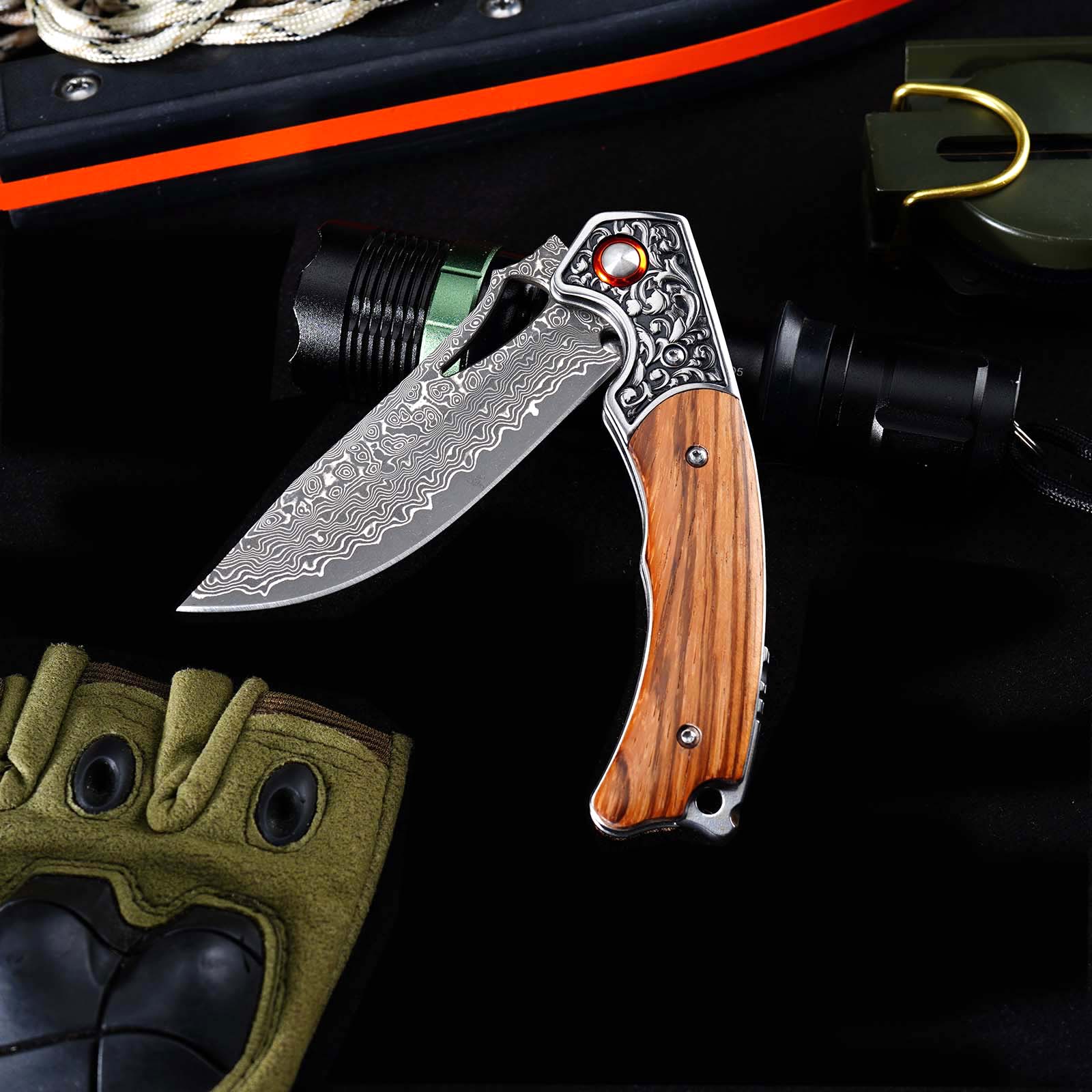 Tunafire  GT-DM029 Damascus Steel Folding Knife, Zebra Wood Handle Ball Bearing EDC Pocket Knife