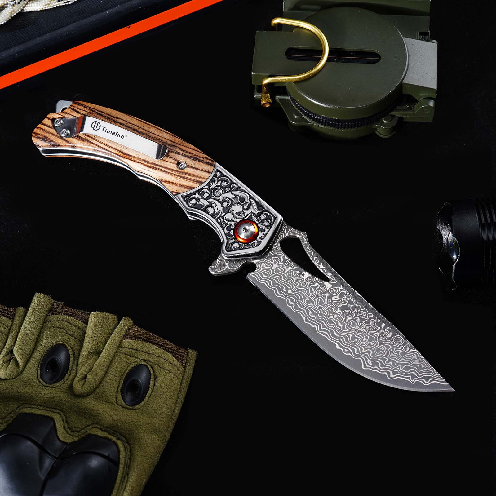 Tunafire  GT-DM029 Damascus Steel Folding Knife, Zebra Wood Handle Ball Bearing EDC Pocket Knife