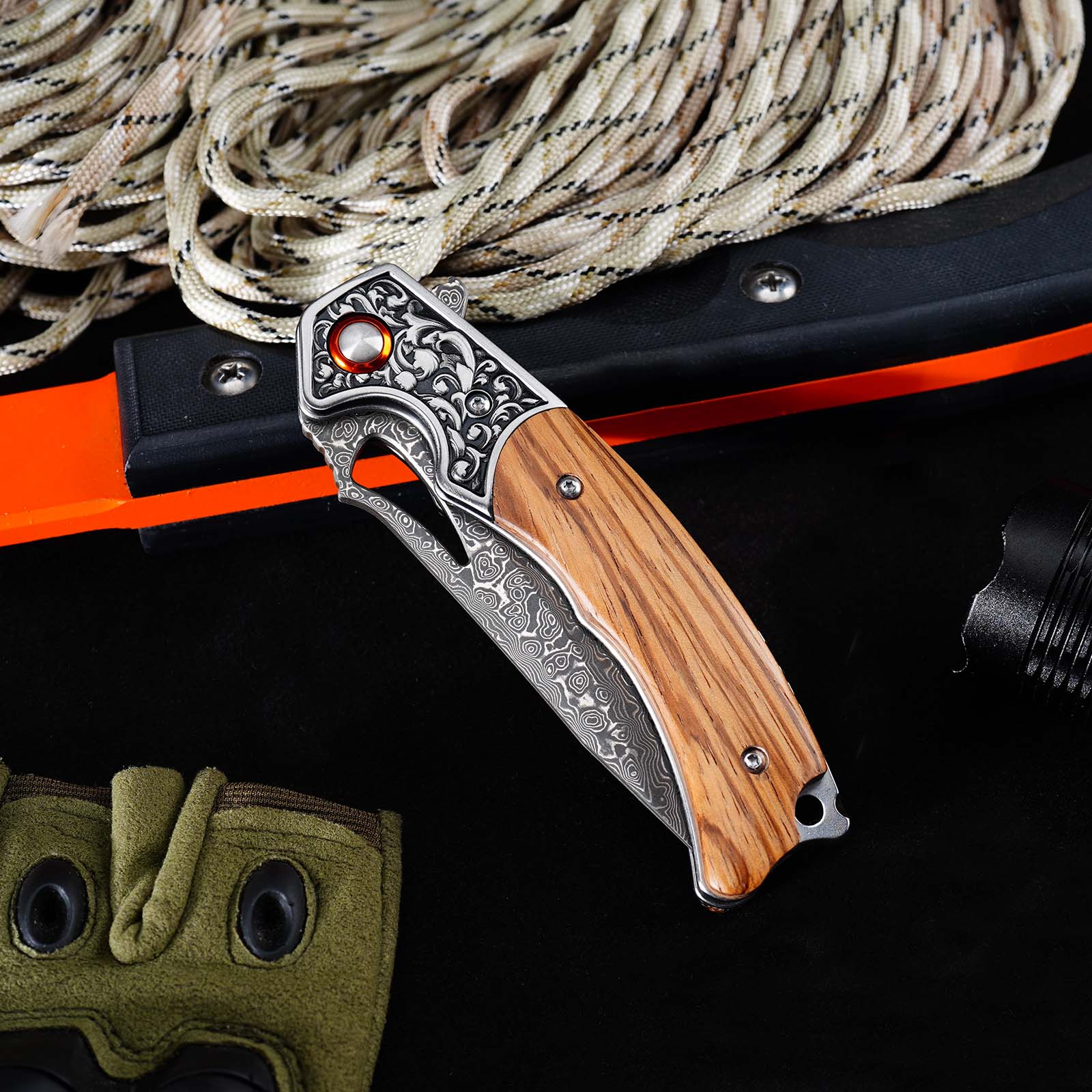 Tunafire  GT-DM029 Damascus Steel Folding Knife, Zebra Wood Handle Ball Bearing EDC Pocket Knife
