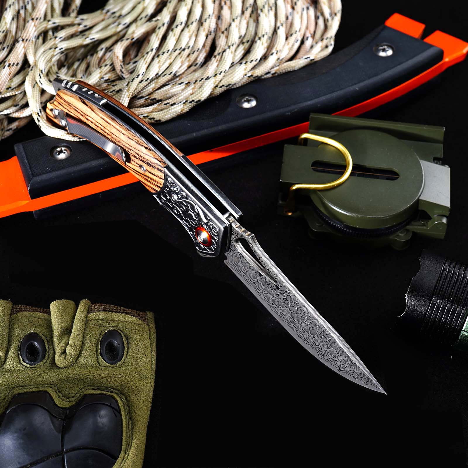 Tunafire  GT-DM029 Damascus Steel Folding Knife, Zebra Wood Handle Ball Bearing EDC Pocket Knife