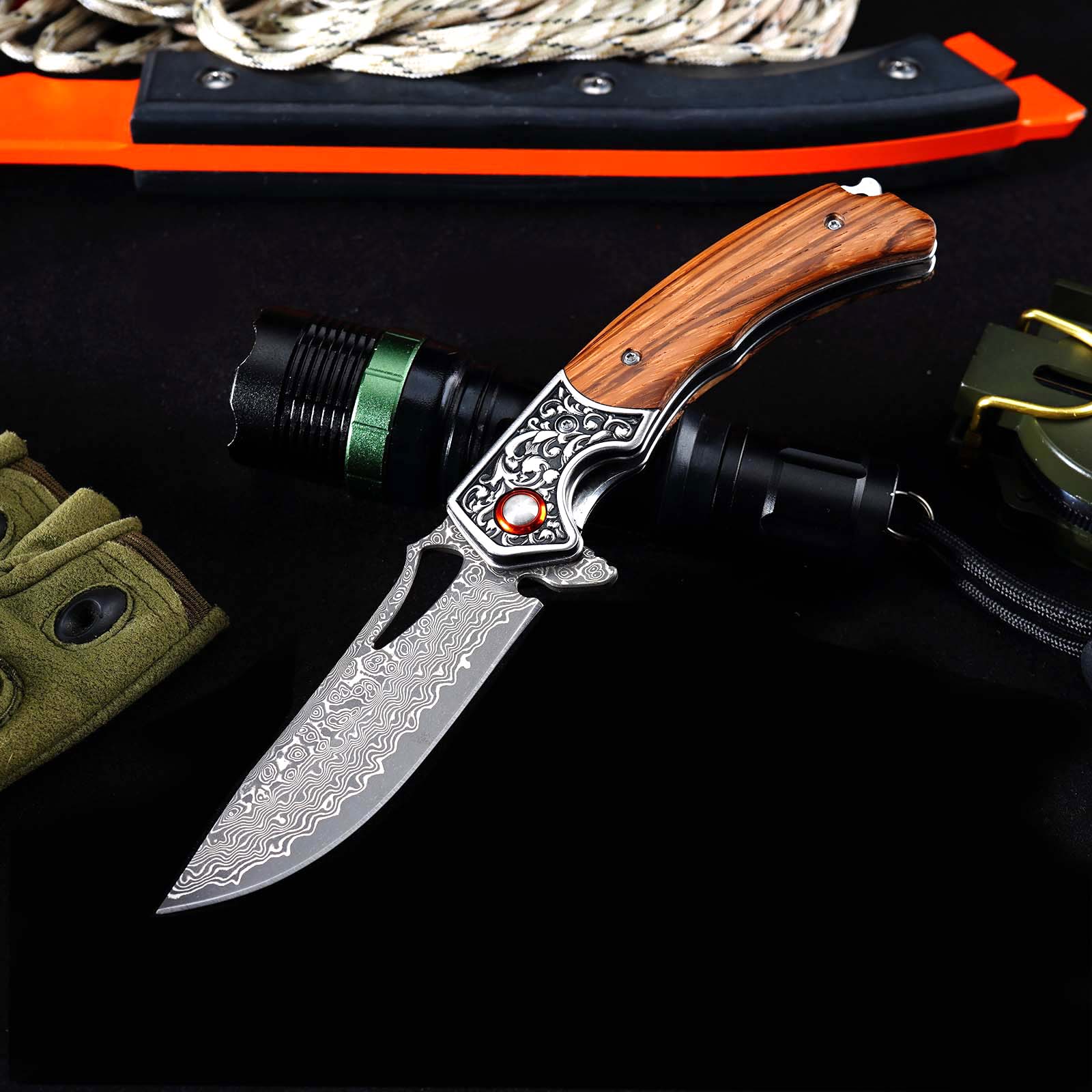 Tunafire  GT-DM029 Damascus Steel Folding Knife, Zebra Wood Handle Ball Bearing EDC Pocket Knife