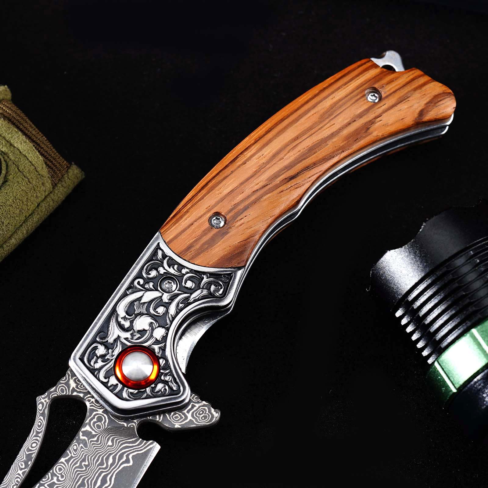 Tunafire  GT-DM029 Damascus Steel Folding Knife, Zebra Wood Handle Ball Bearing EDC Pocket Knife