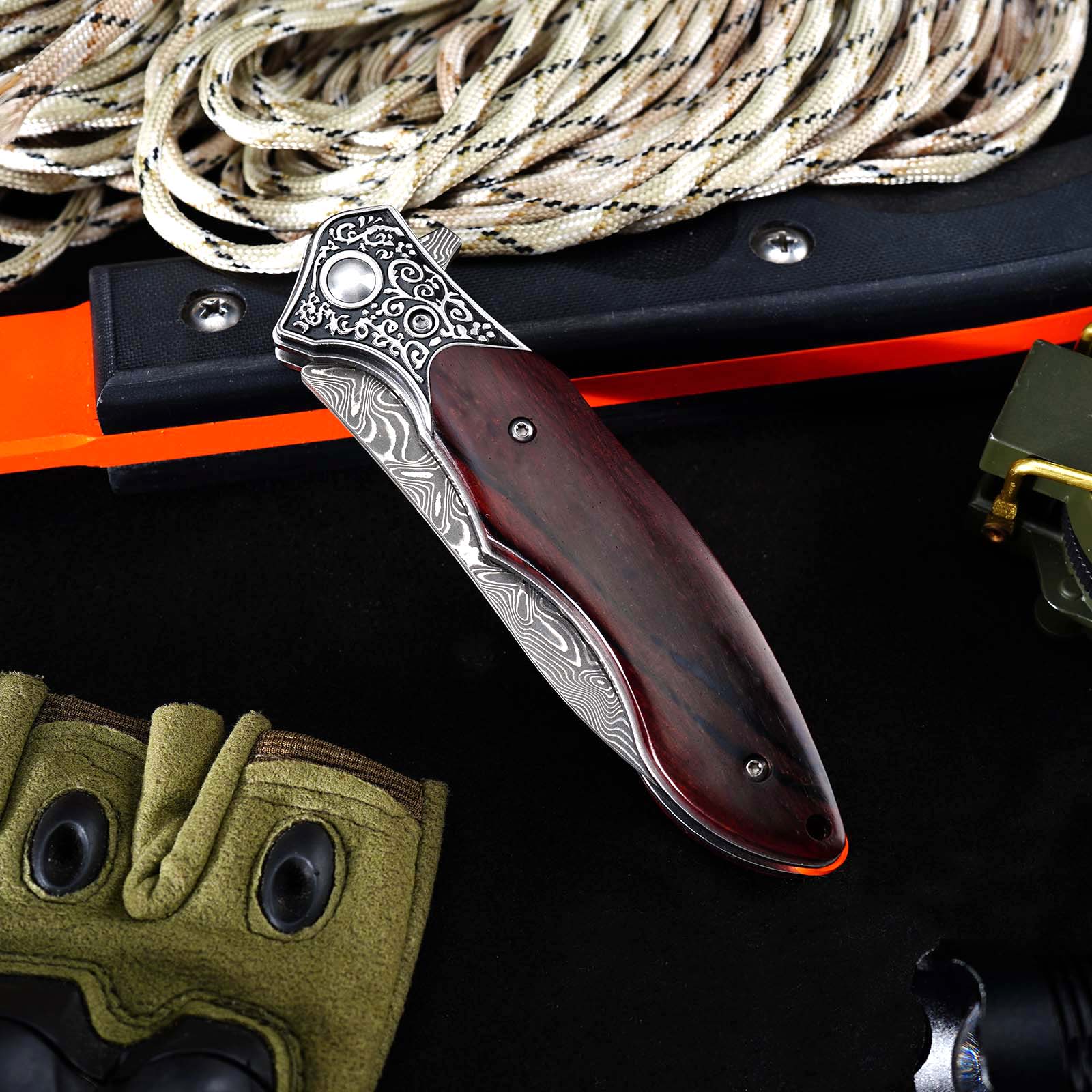 Tunafire GT-DM017 76-Layer Damascus Steel Folding Knife , Rosewood Handle Ball Bearing Collectible Knife