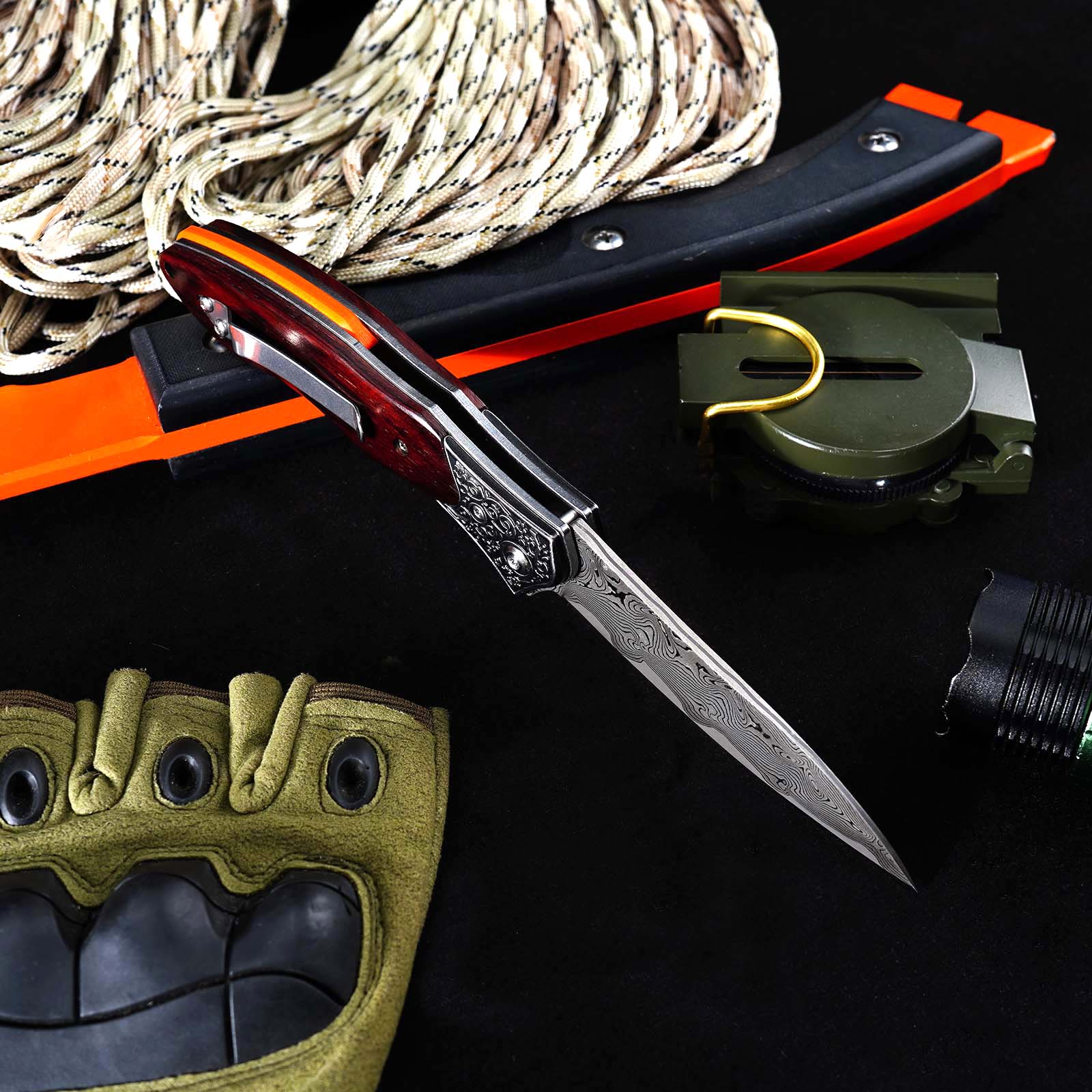Tunafire GT-DM017 76-Layer Damascus Steel Folding Knife , Rosewood Handle Ball Bearing Collectible Knife