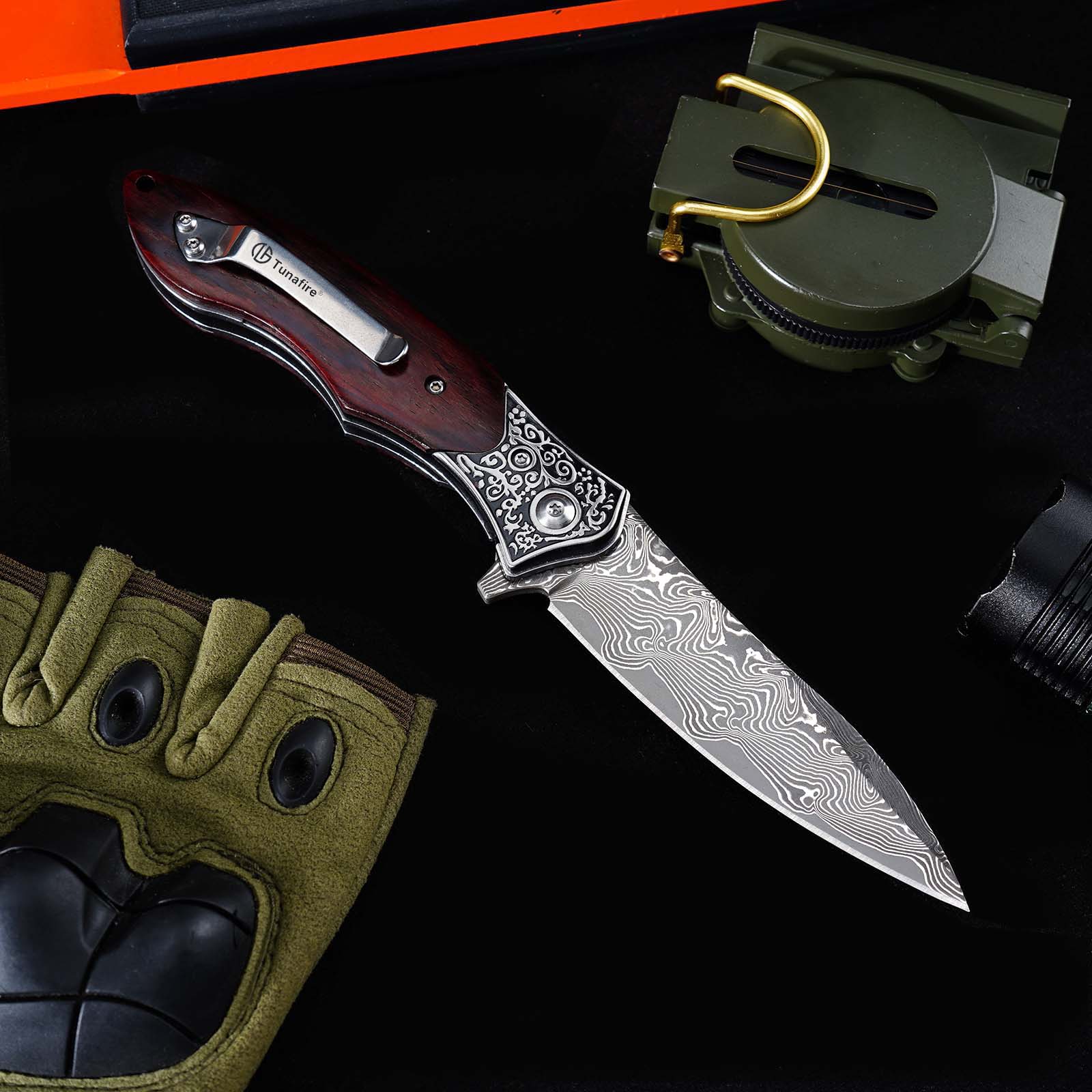 Tunafire GT-DM017 76-Layer Damascus Steel Folding Knife , Rosewood Handle Ball Bearing Collectible Knife