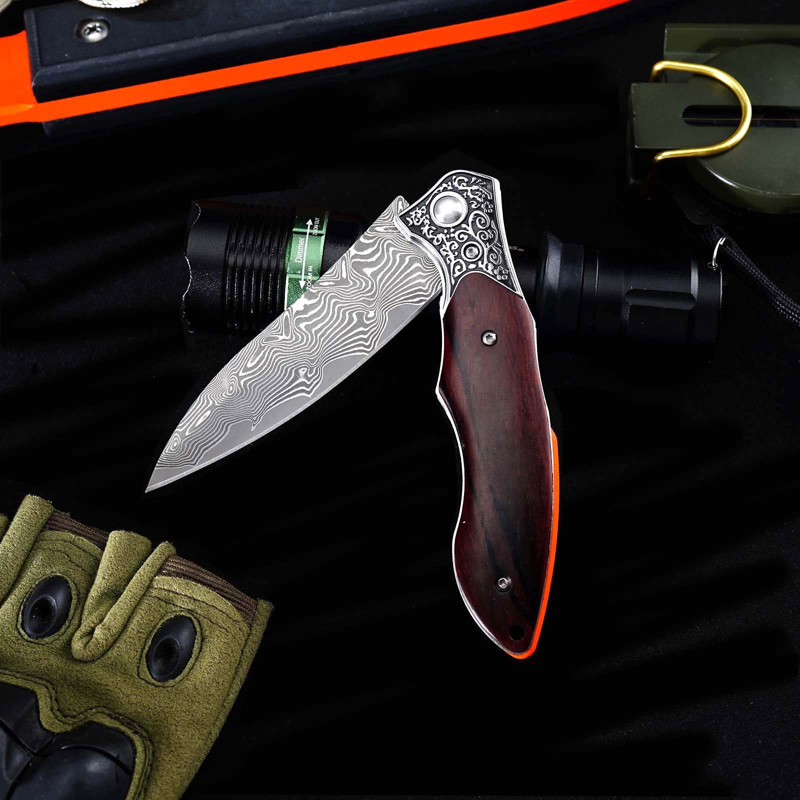 Tunafire GT-DM017 76-Layer Damascus Steel Folding Knife , Rosewood Handle Ball Bearing Collectible Knife