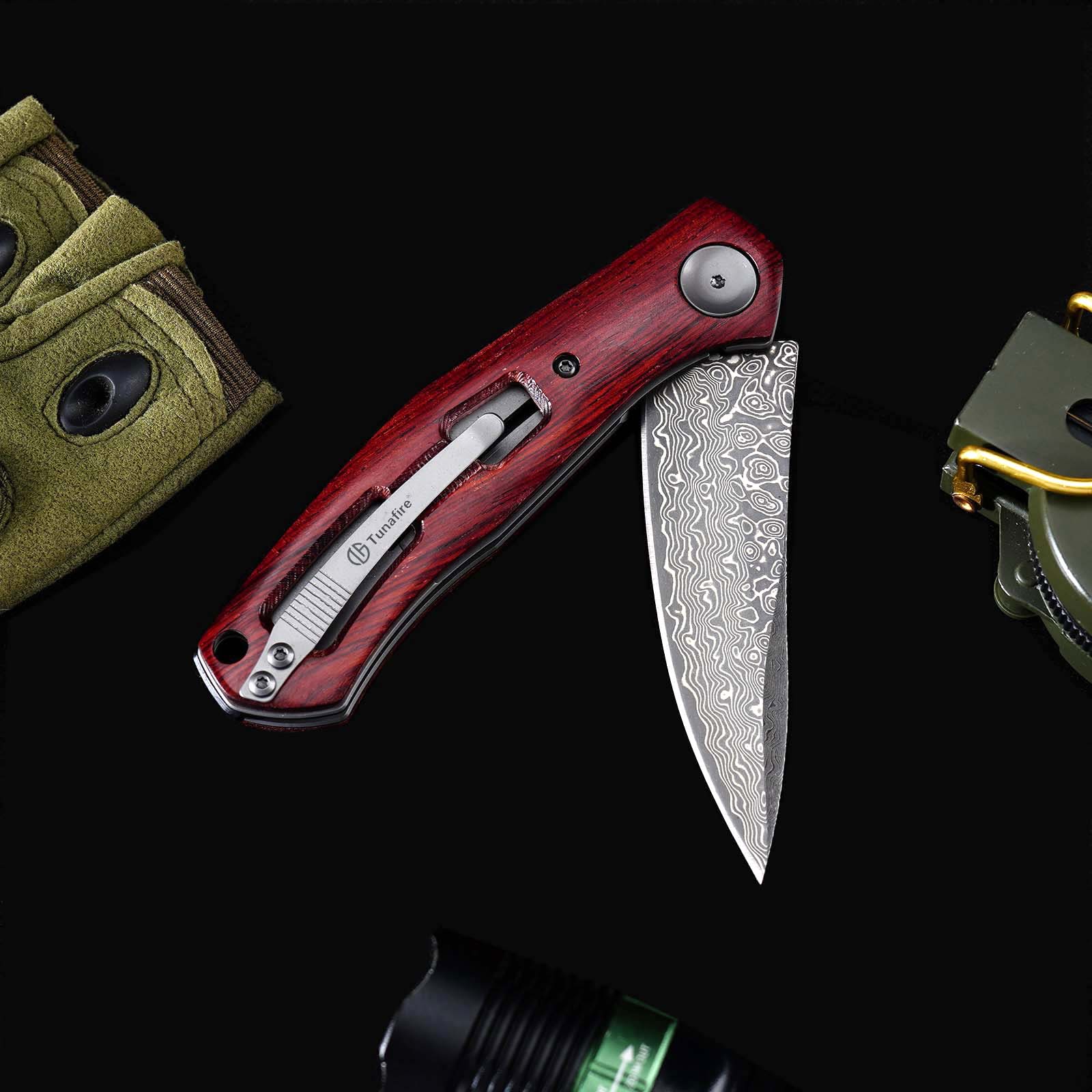 Tunafire GT-K4020 EDC Folding Knife, 76-Layer VG10 Damascus Blade, Yellow Sandalwood Handle Ball Bearing