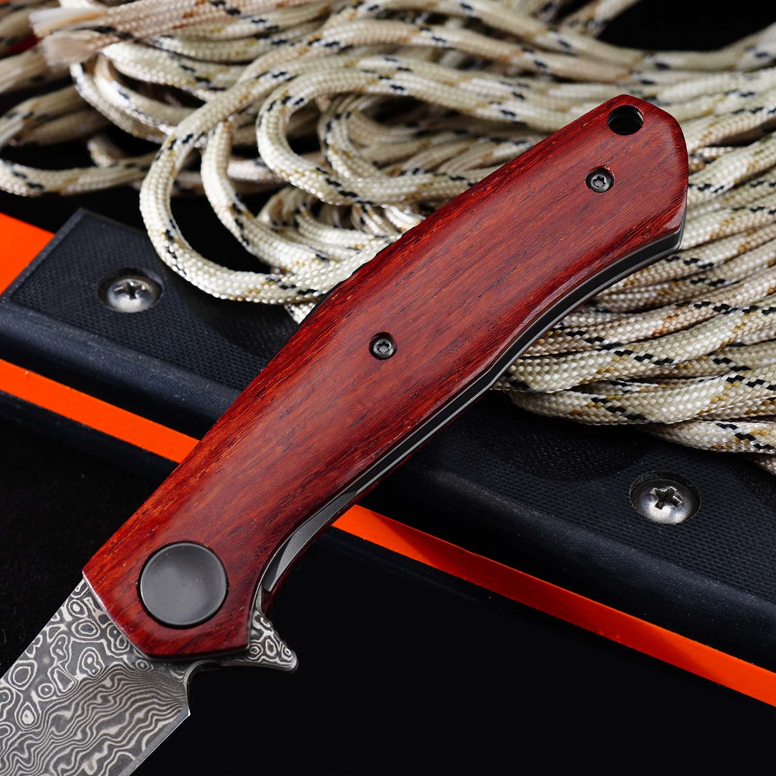 Tunafire GT-K4020 EDC Folding Knife, 76-Layer VG10 Damascus Blade, Yellow Sandalwood Handle Ball Bearing