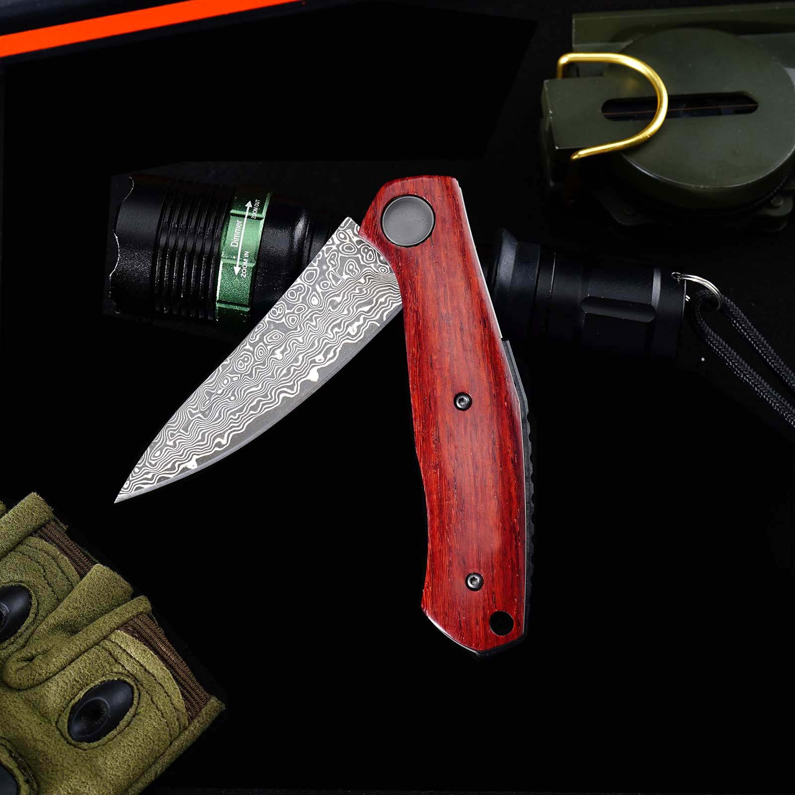 Tunafire GT-K4020 EDC Folding Knife, 76-Layer VG10 Damascus Blade, Yellow Sandalwood Handle Ball Bearing
