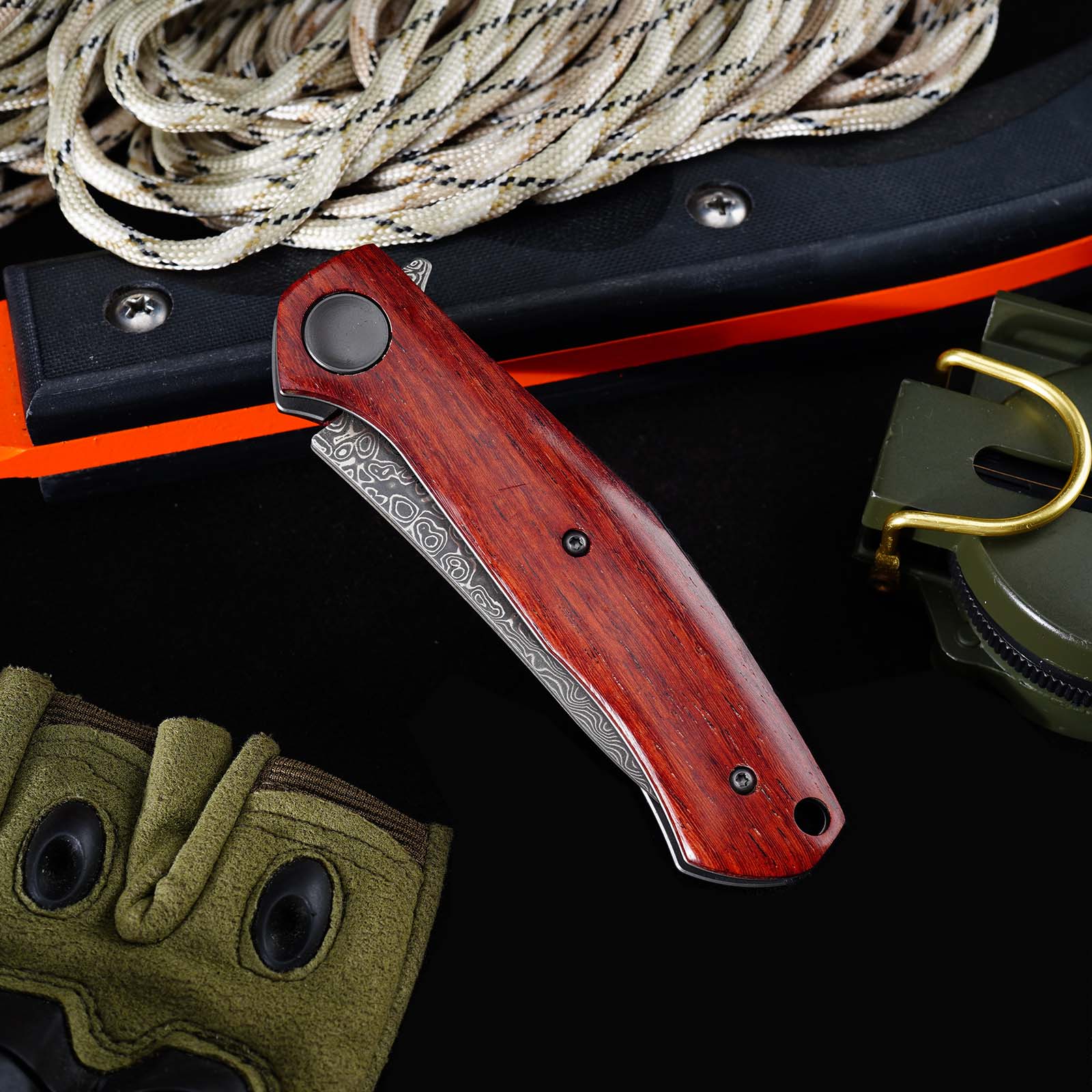 Tunafire GT-K4020 EDC Folding Knife, 76-Layer VG10 Damascus Blade, Yellow Sandalwood Handle Ball Bearing