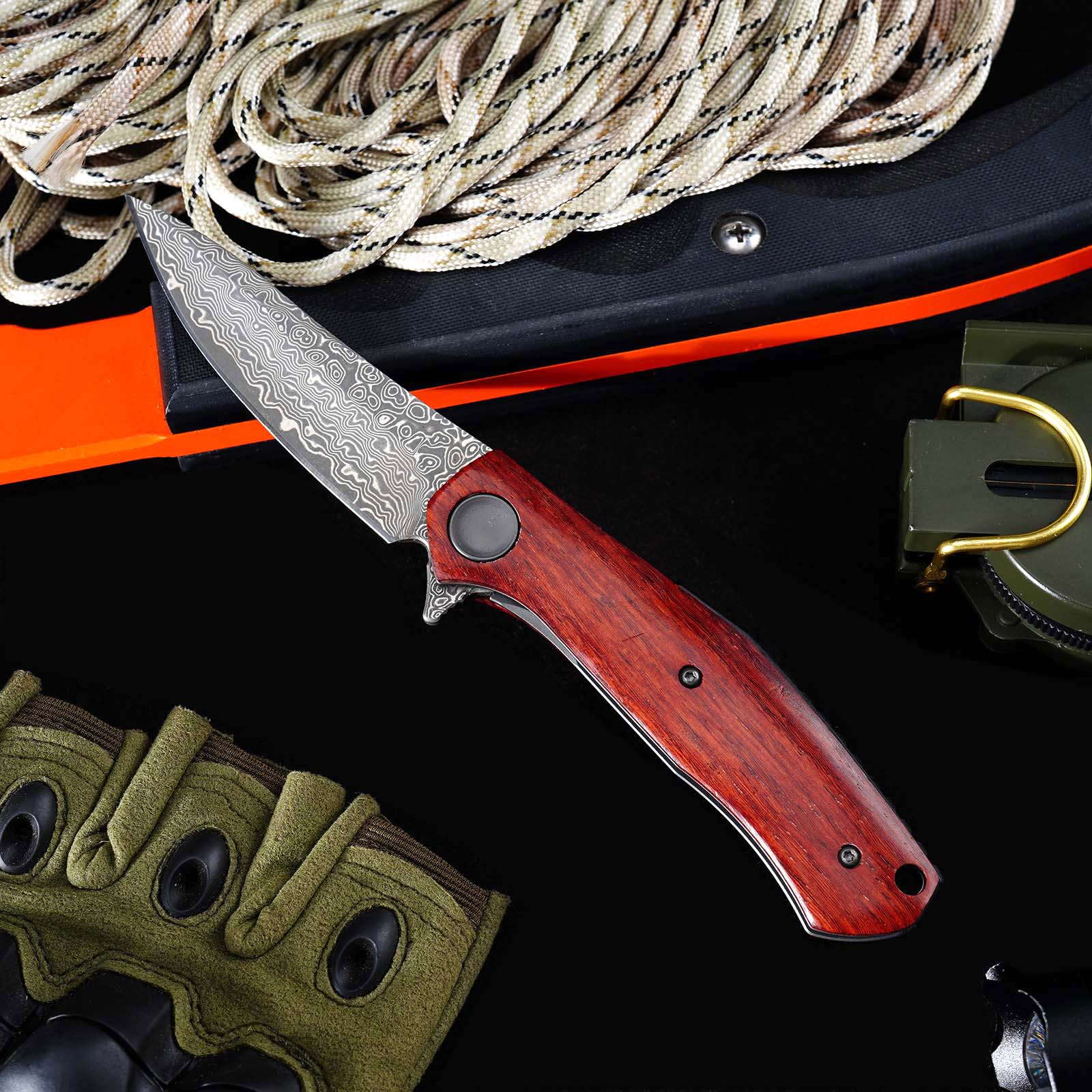Tunafire GT-K4020 EDC Folding Knife, 76-Layer VG10 Damascus Blade, Yellow Sandalwood Handle Ball Bearing