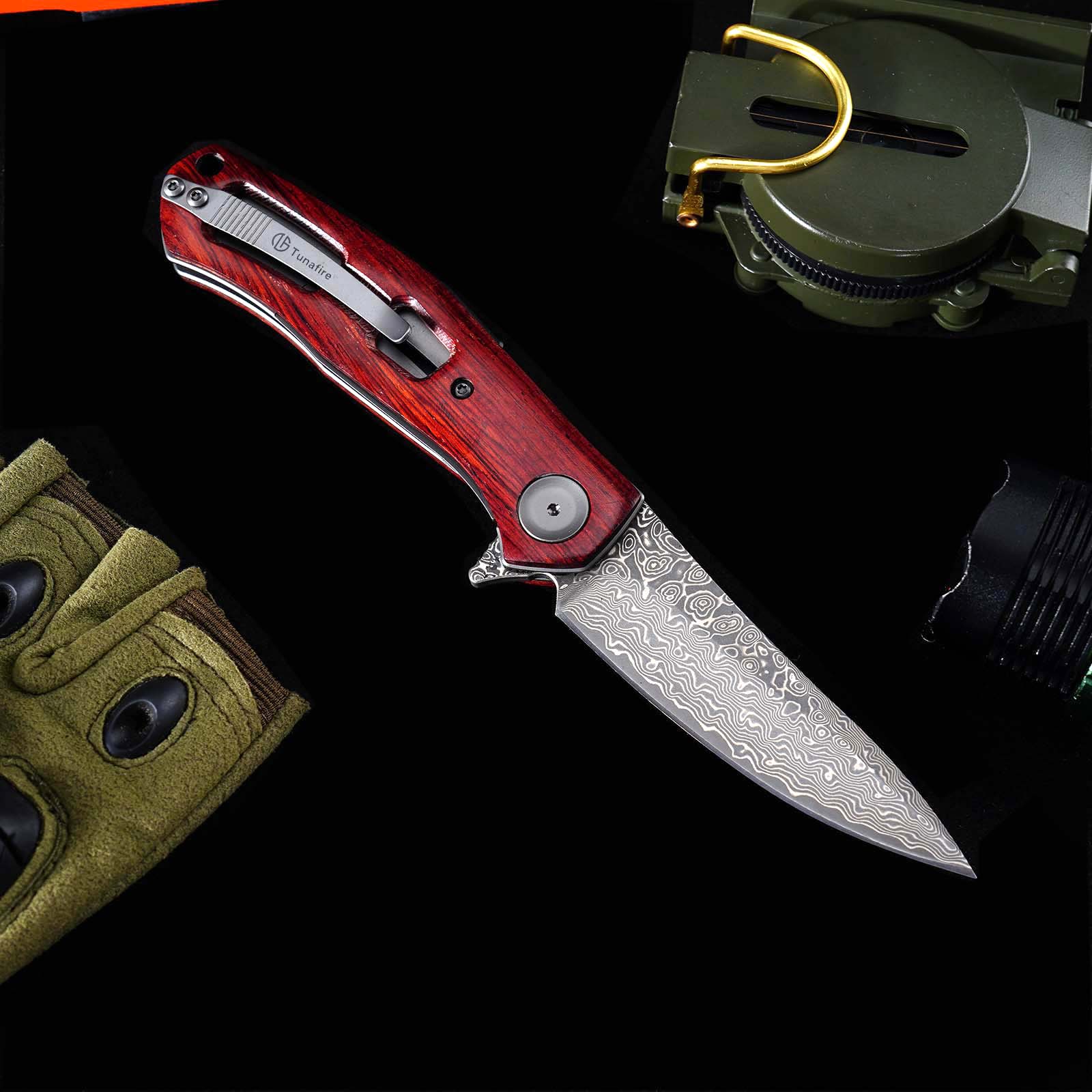 Tunafire GT-K4020 EDC Folding Knife, 76-Layer VG10 Damascus Blade, Yellow Sandalwood Handle Ball Bearing