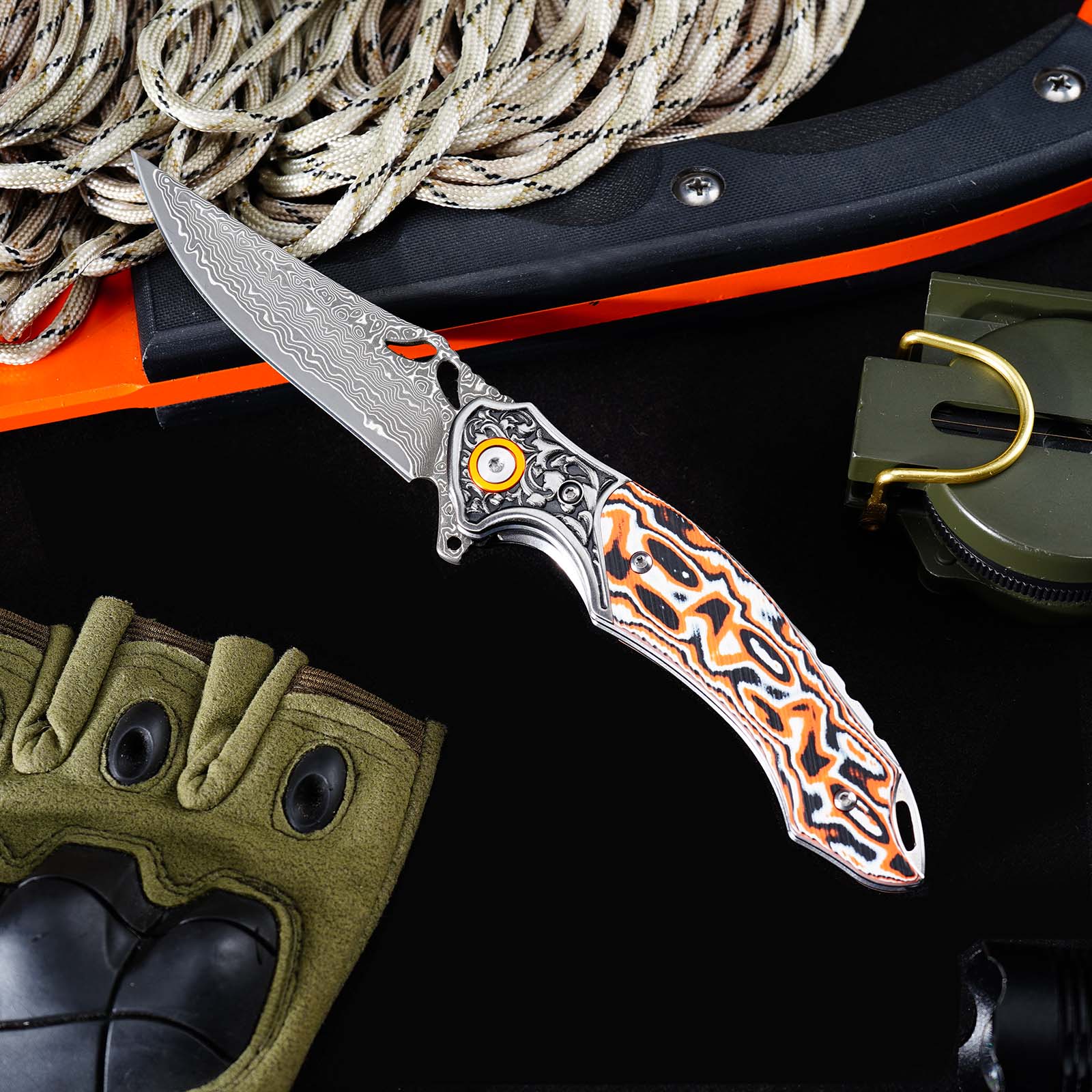 Tunafire GT-DM024  Flipper Folding Knife 3.27" Damascus steel Blade Orang white fiber  Handle Survival Camping Pocket Knife