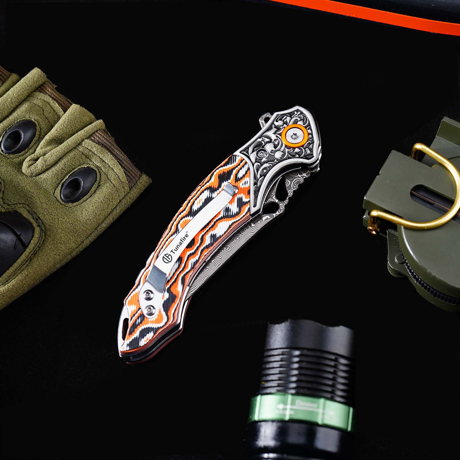 Tunafire GT-DM024  Flipper Folding Knife 3.27" Damascus steel Blade Orang white fiber  Handle Survival Camping Pocket Knife