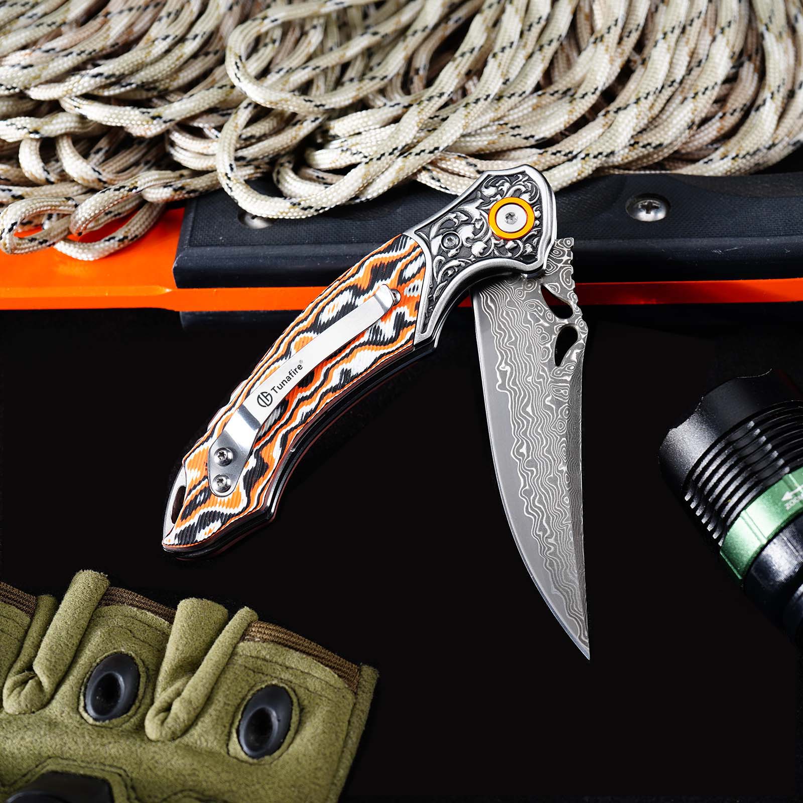 Tunafire GT-DM024  Flipper Folding Knife 3.27" Damascus steel Blade Orang white fiber  Handle Survival Camping Pocket Knife