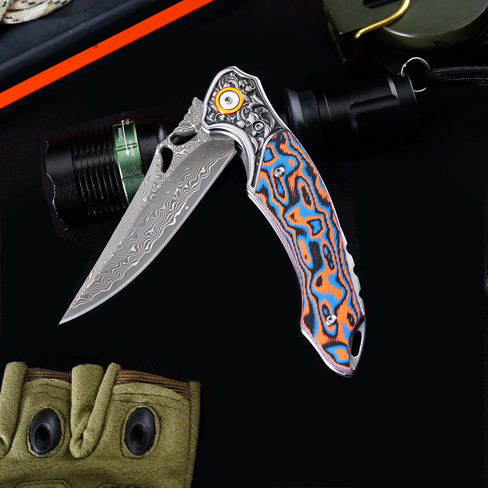 Tunafire Knives 3.27" Damascus Blade Orange Blue fiber Handle Tactical Survival Pocket Folding Knife GT-DM024