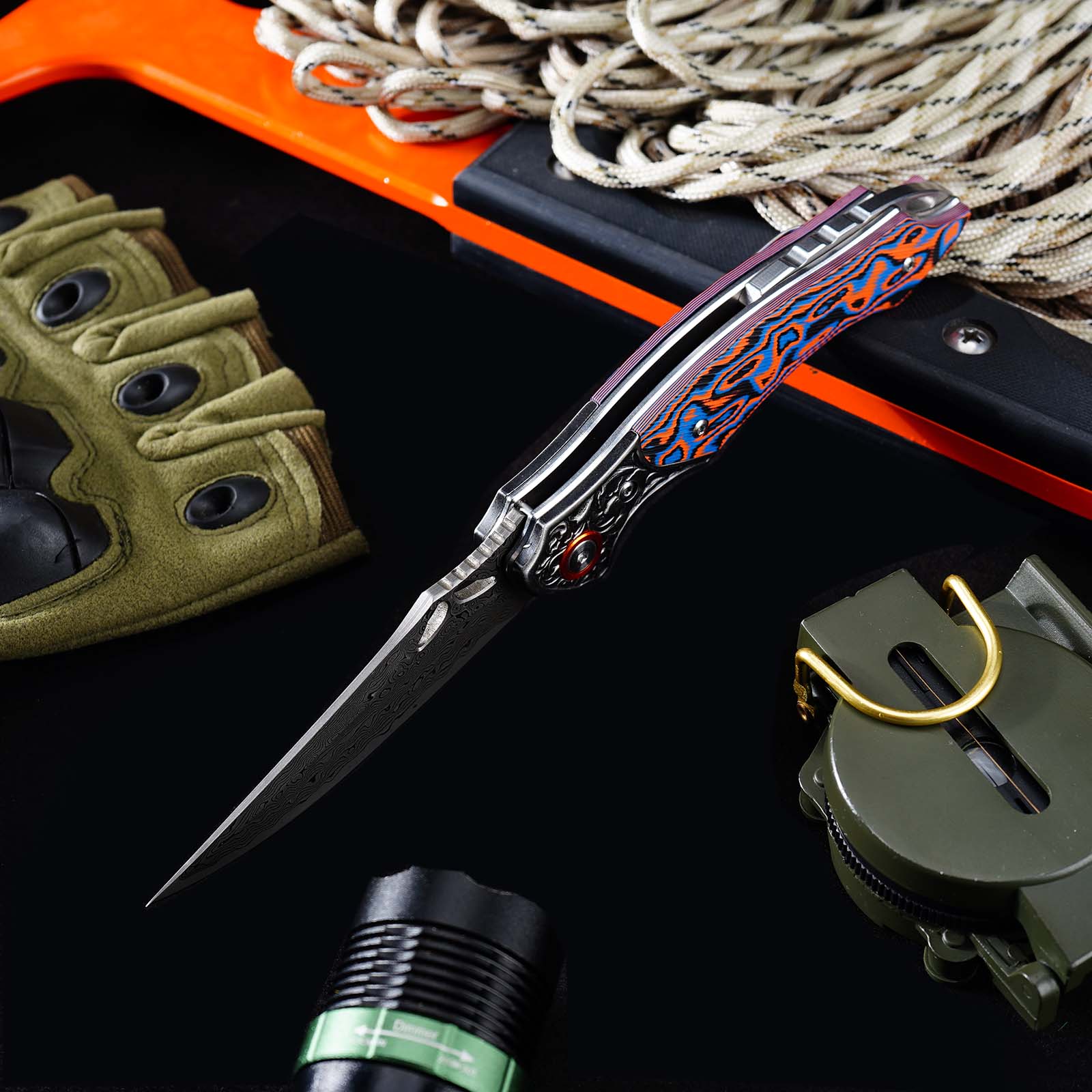 Tunafire Knives 3.27" Damascus Blade Orange Blue fiber Handle Tactical Survival Pocket Folding Knife GT-DM024