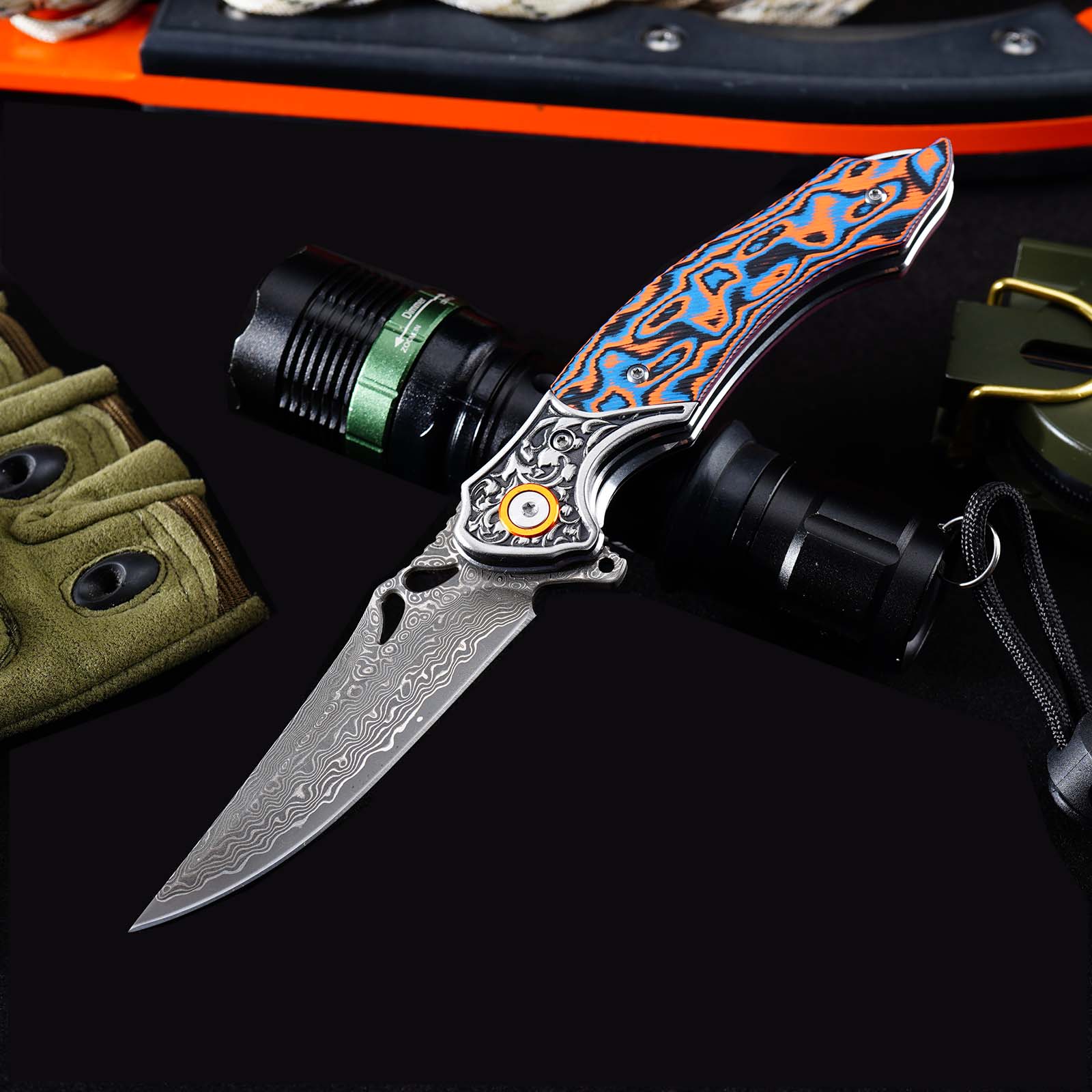 Tunafire Knives 3.27" Damascus Blade Orange Blue fiber Handle Tactical Survival Pocket Folding Knife GT-DM024