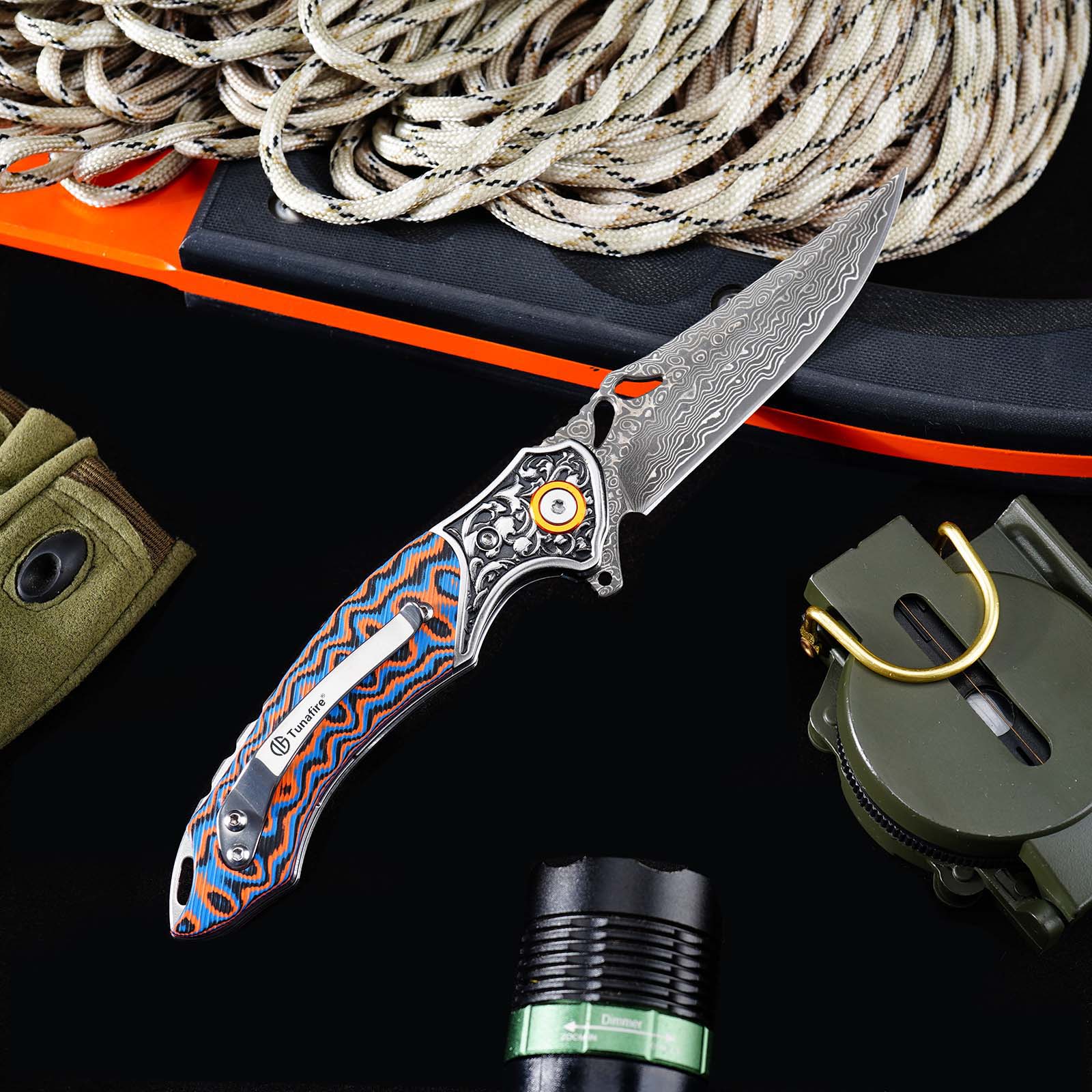 Tunafire Knives 3.27" Damascus Blade Orange Blue fiber Handle Tactical Survival Pocket Folding Knife GT-DM024