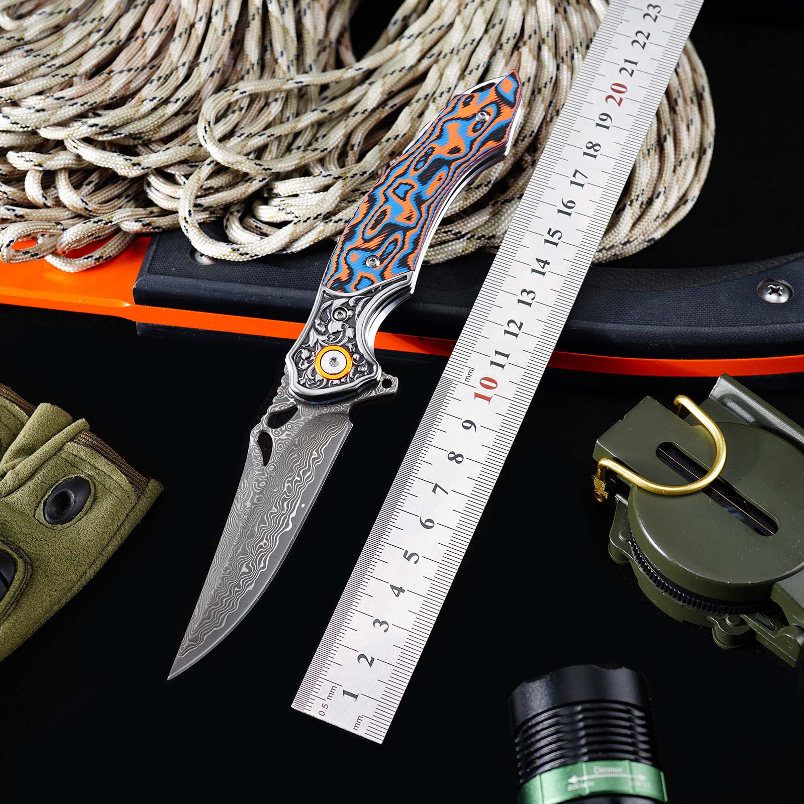 Tunafire Knives 3.27" Damascus Blade Orange Blue fiber Handle Tactical Survival Pocket Folding Knife GT-DM024
