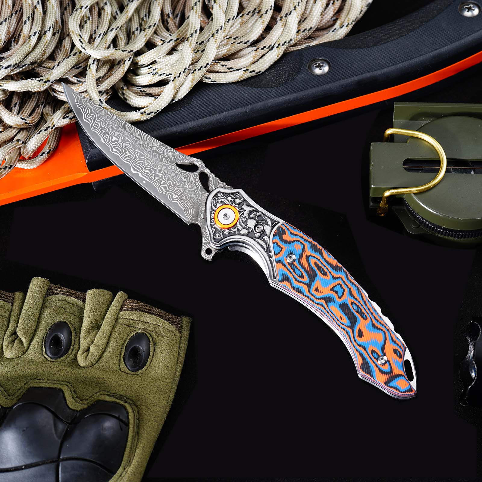 Tunafire Knives 3.27" Damascus Blade Orange Blue fiber Handle Tactical Survival Pocket Folding Knife GT-DM024