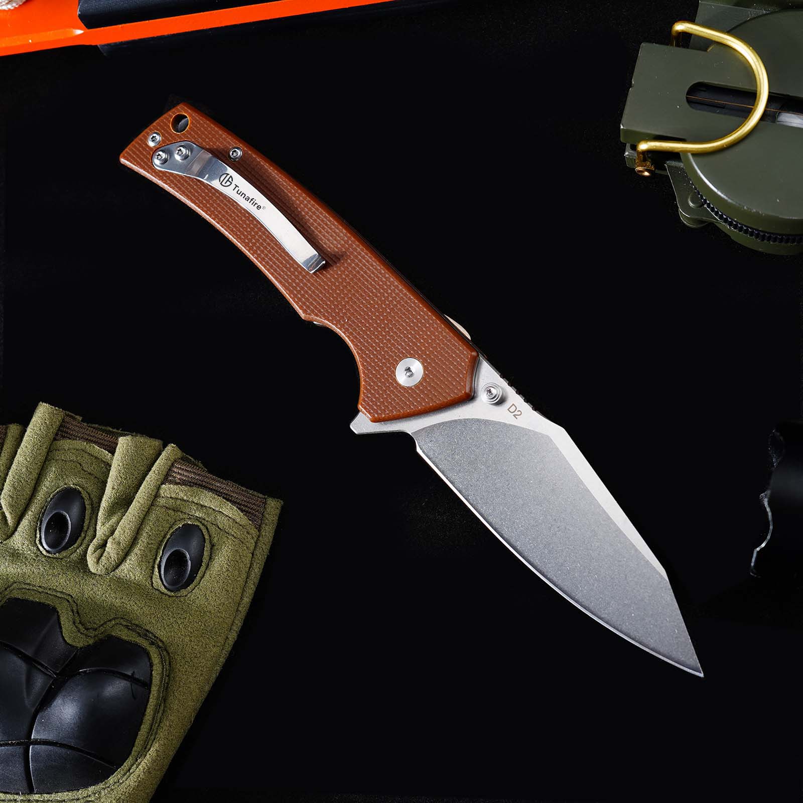 Tunafire GT-DM018 Folding Knife D2 Steel Blade G10 Handle  Button Lock EDC Knife