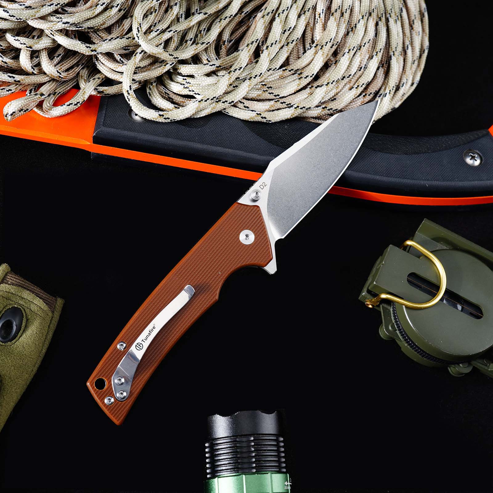 Tunafire GT-DM018 Folding Knife D2 Steel Blade G10 Handle  Button Lock EDC Knife
