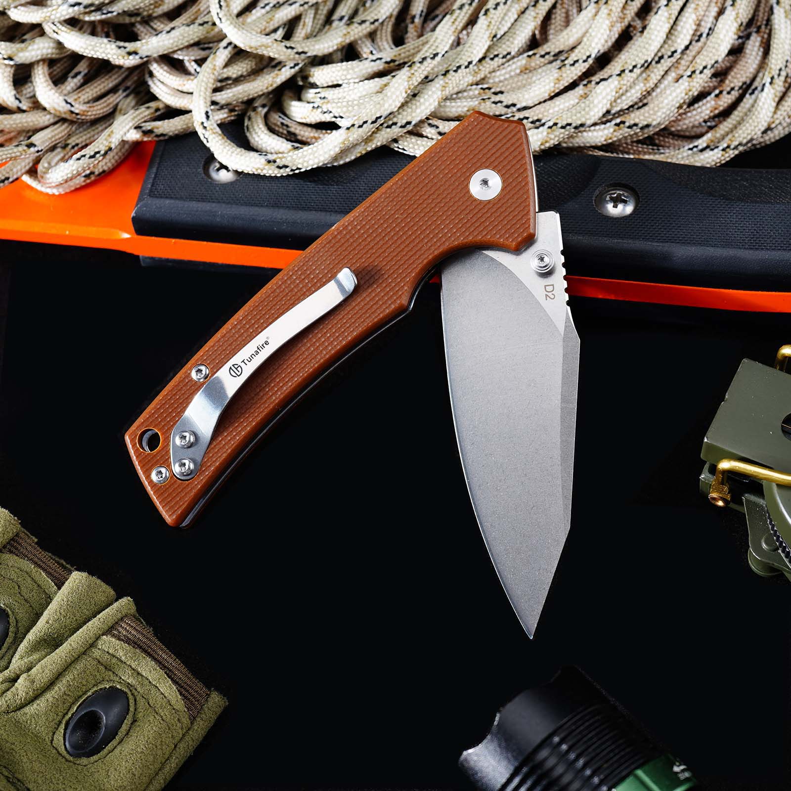 Tunafire GT-DM018 Folding Knife D2 Steel Blade G10 Handle  Button Lock EDC Knife