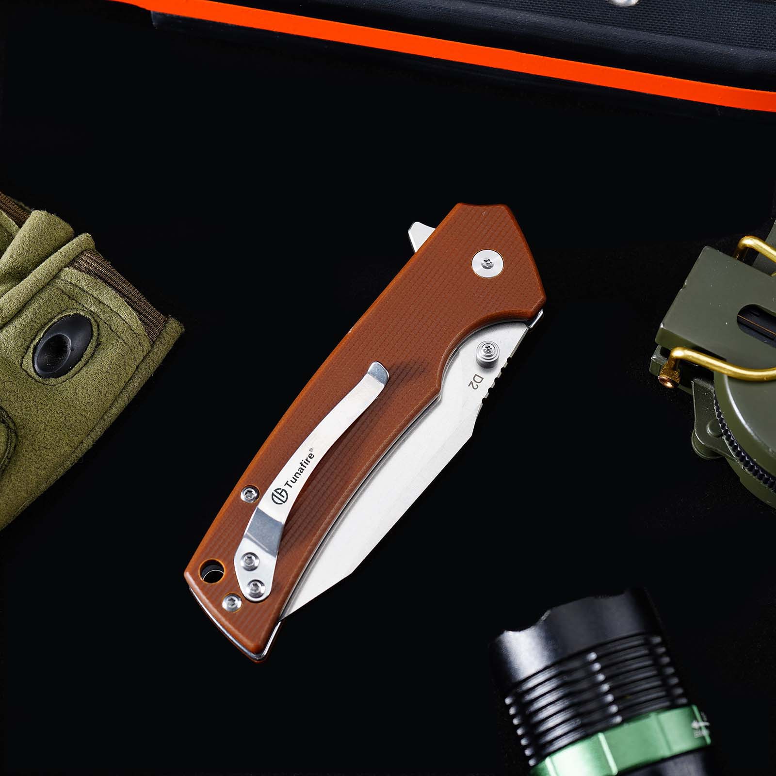 Tunafire GT-DM018 Folding Knife D2 Steel Blade G10 Handle  Button Lock EDC Knife