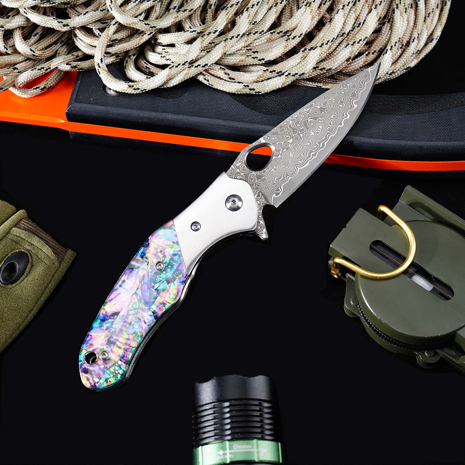 Tunafire Knife GT-BS305 Outdoor Folding Knife, VG10 Core 76 Layer Damascus Blade Colored Shell Handle EDC Knife
