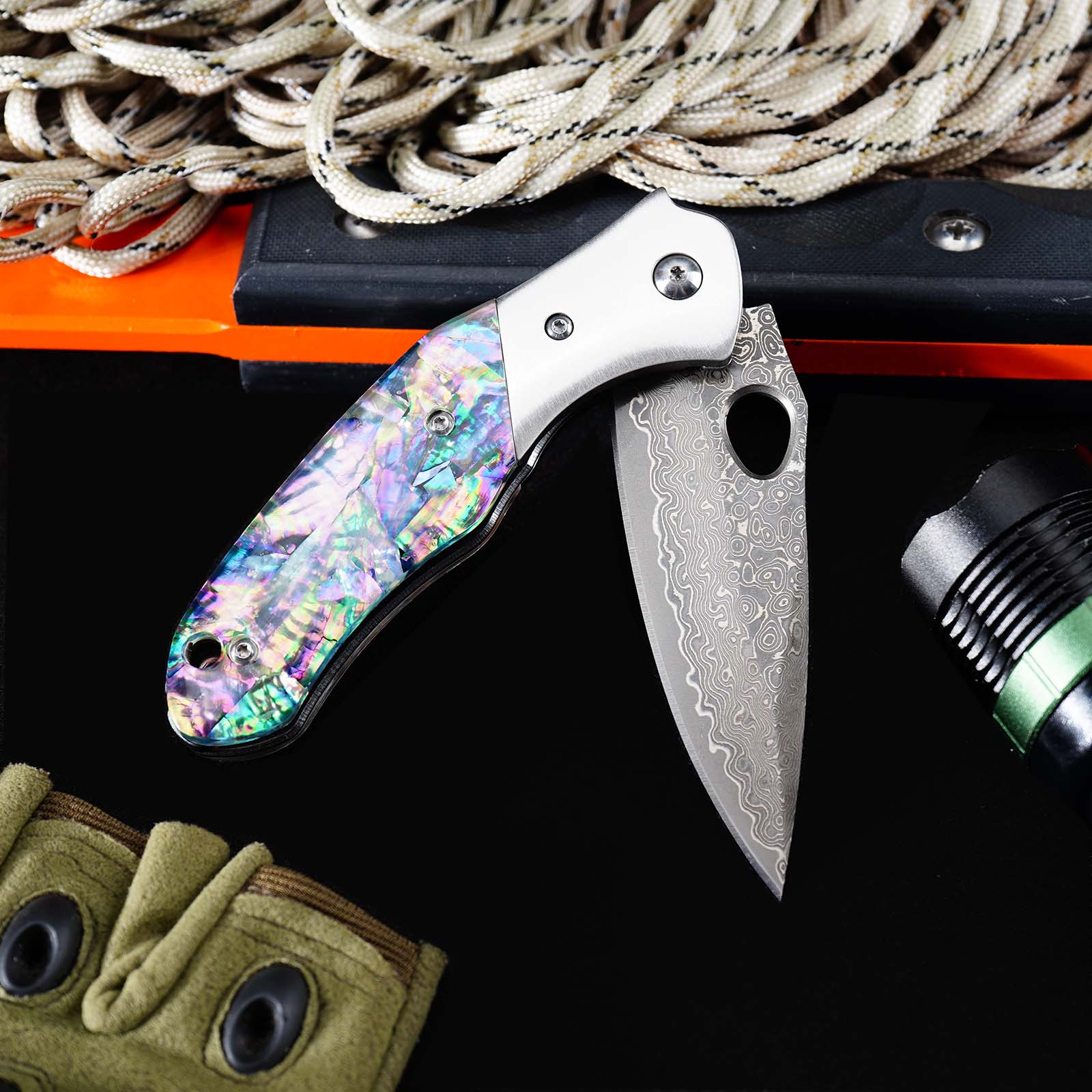 Tunafire Knife GT-BS305 Outdoor Folding Knife, VG10 Core 76 Layer Damascus Blade Colored Shell Handle EDC Knife