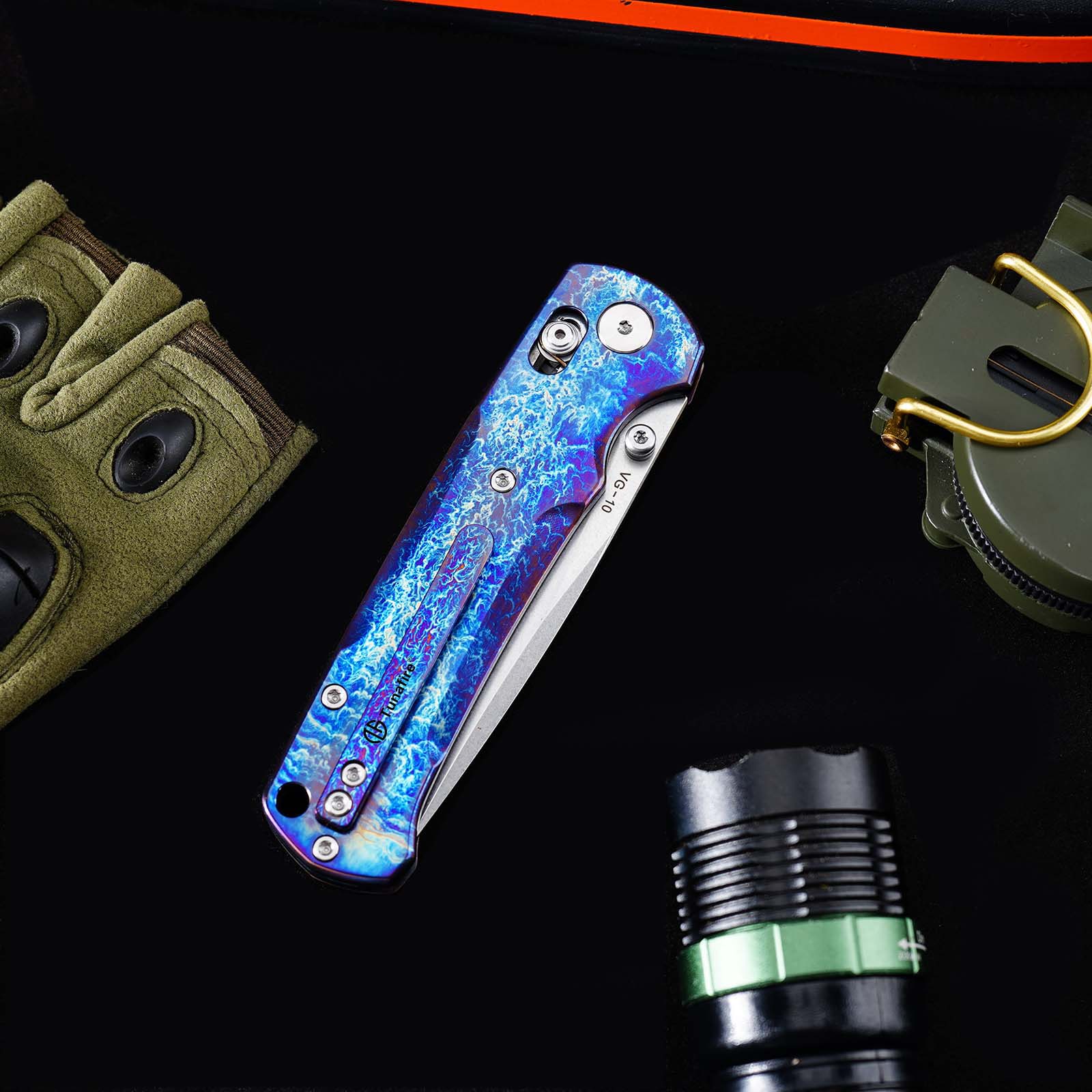 Tunafire Knife GT-T0039-1 VG-10 Steel Folding Knife, Puple Titanium Alloy Handle with Lightning Pattern, Ceramic Ball Bearing System EDC Pocket Knife