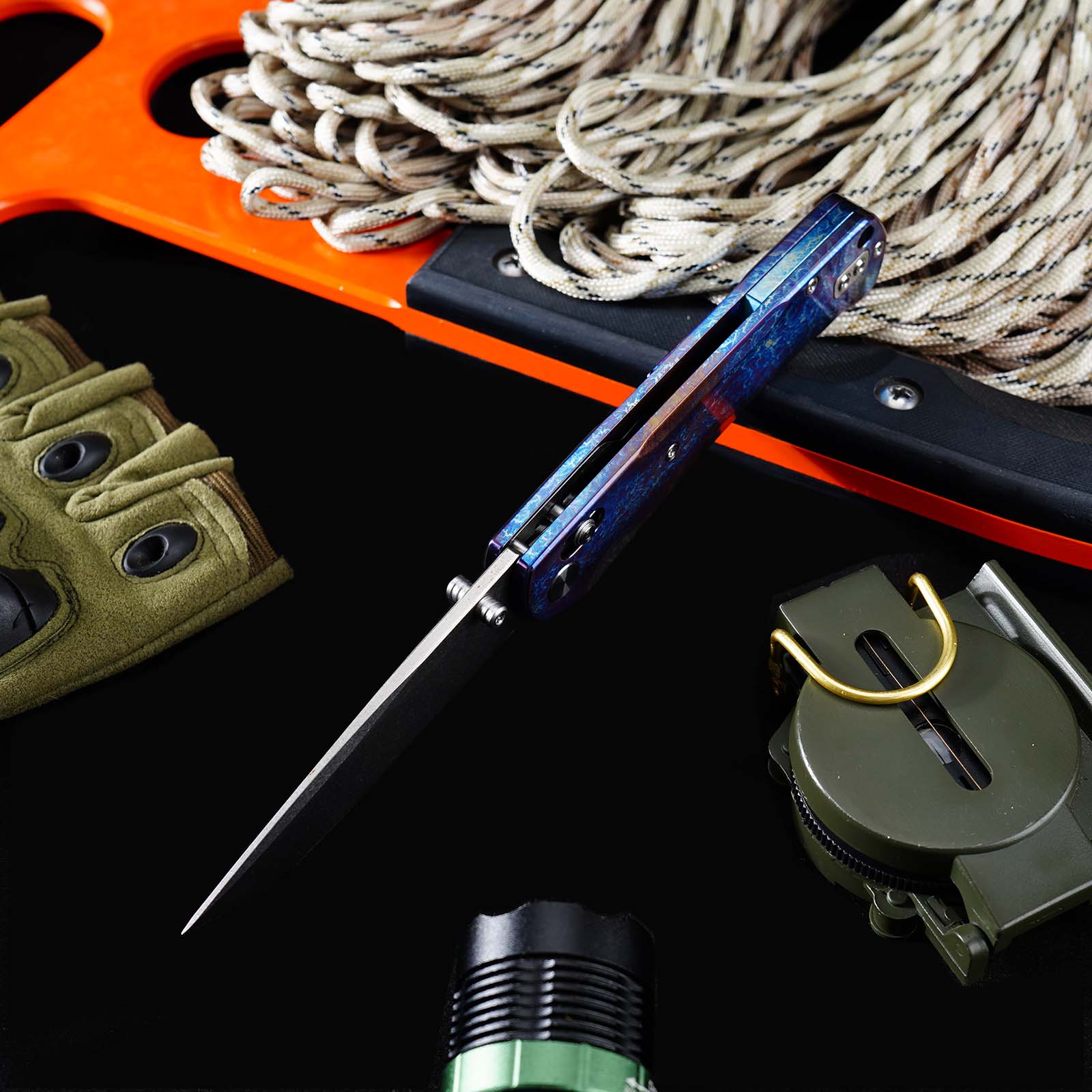 Tunafire Knife GT-T0039-1 VG-10 Steel Folding Knife, Puple Titanium Alloy Handle with Lightning Pattern, Ceramic Ball Bearing System EDC Pocket Knife